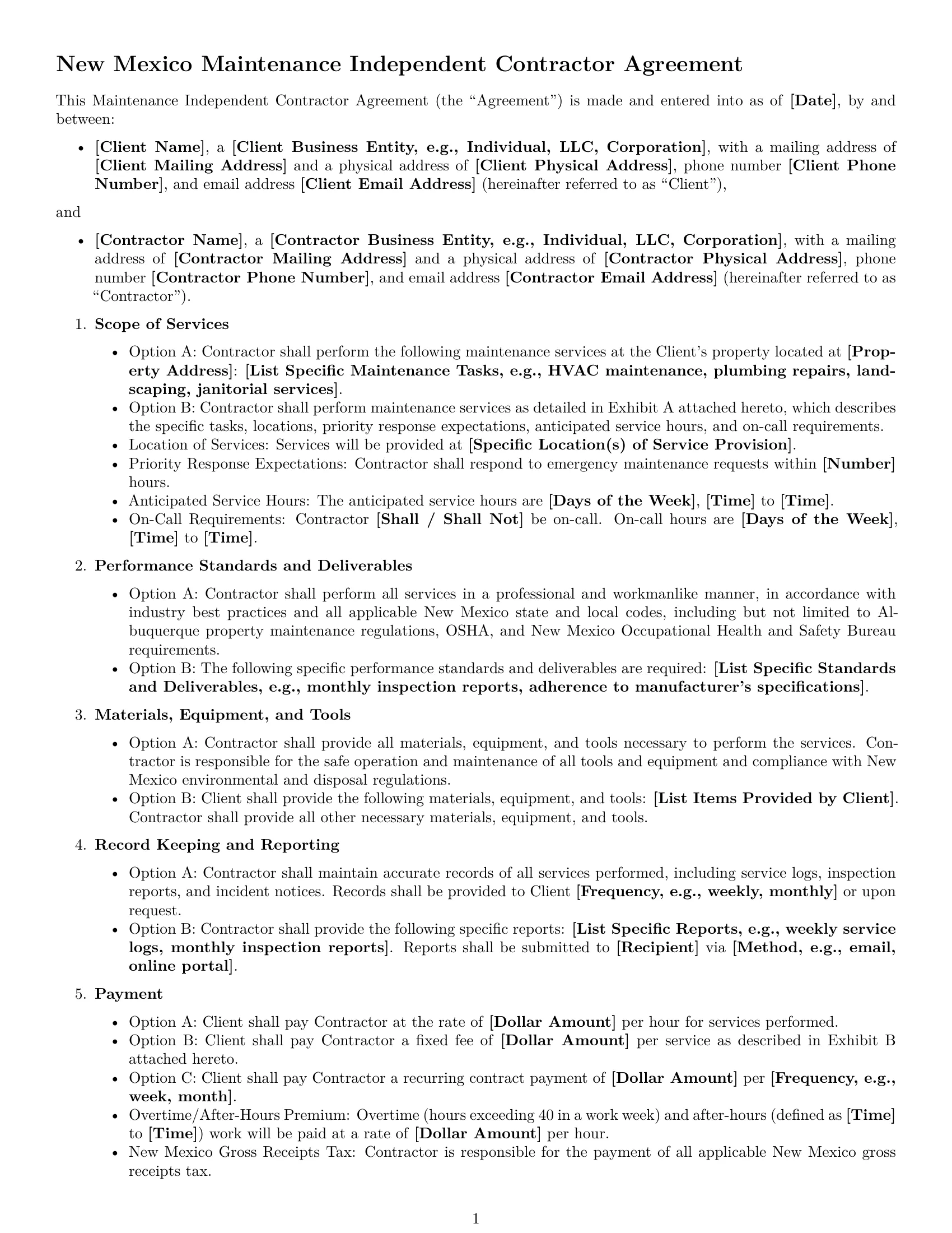 Preview page 1 of Free New Mexico maintenance independent contractor agreement template