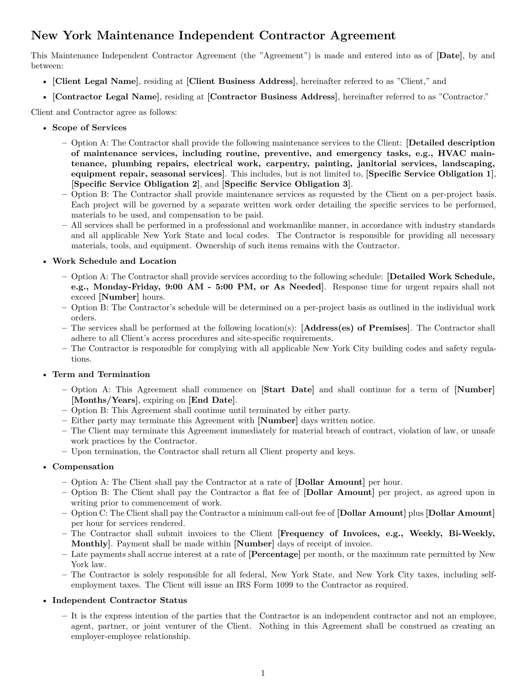 Preview page 1 of Free New York maintenance independent contractor agreement template