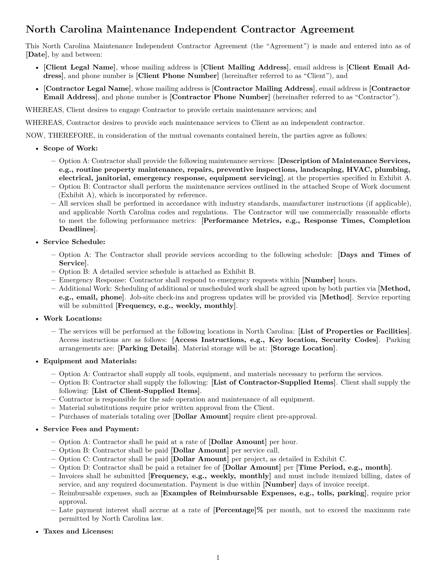 Preview page 1 of Free North Carolina maintenance independent contractor agreement template