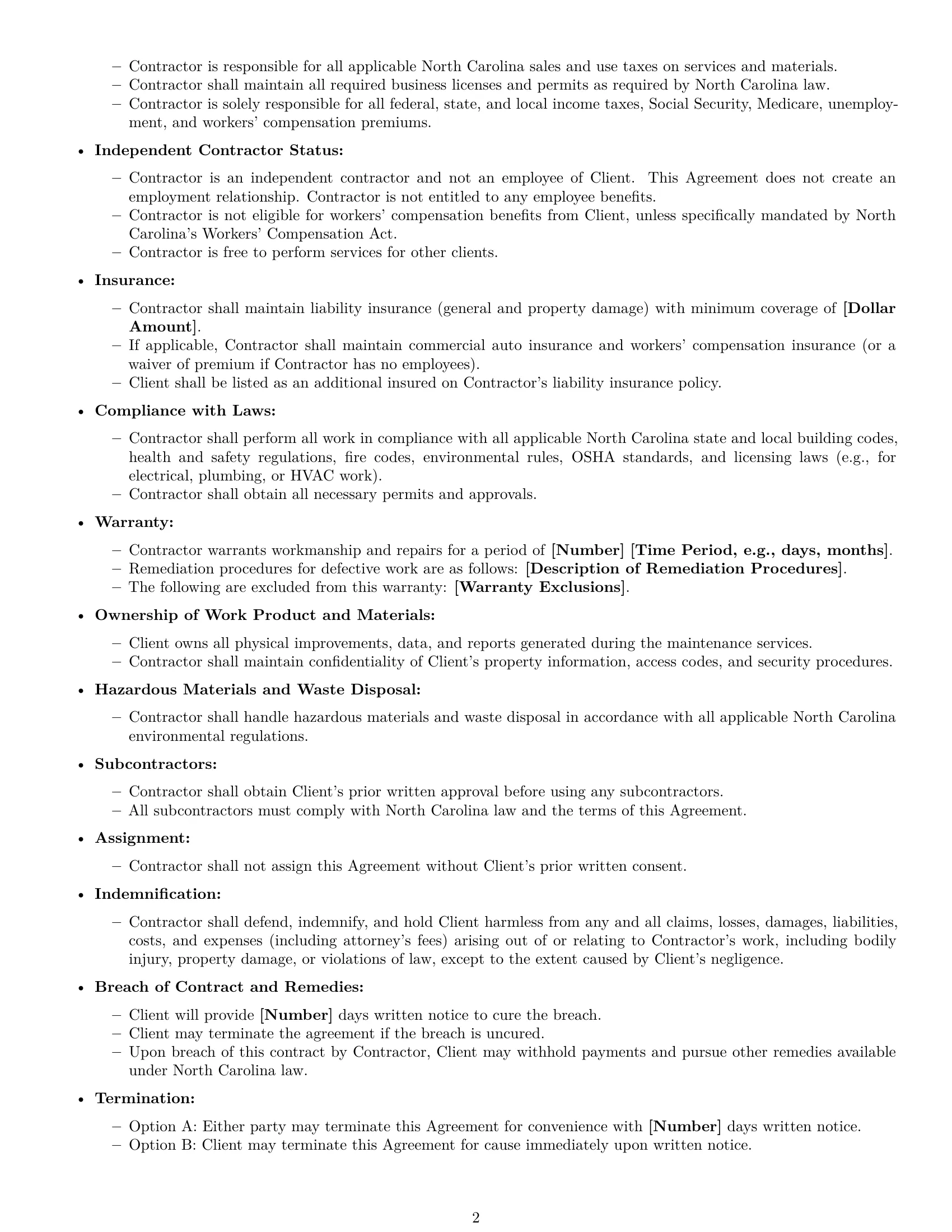 Preview page 2 of Free North Carolina maintenance independent contractor agreement template