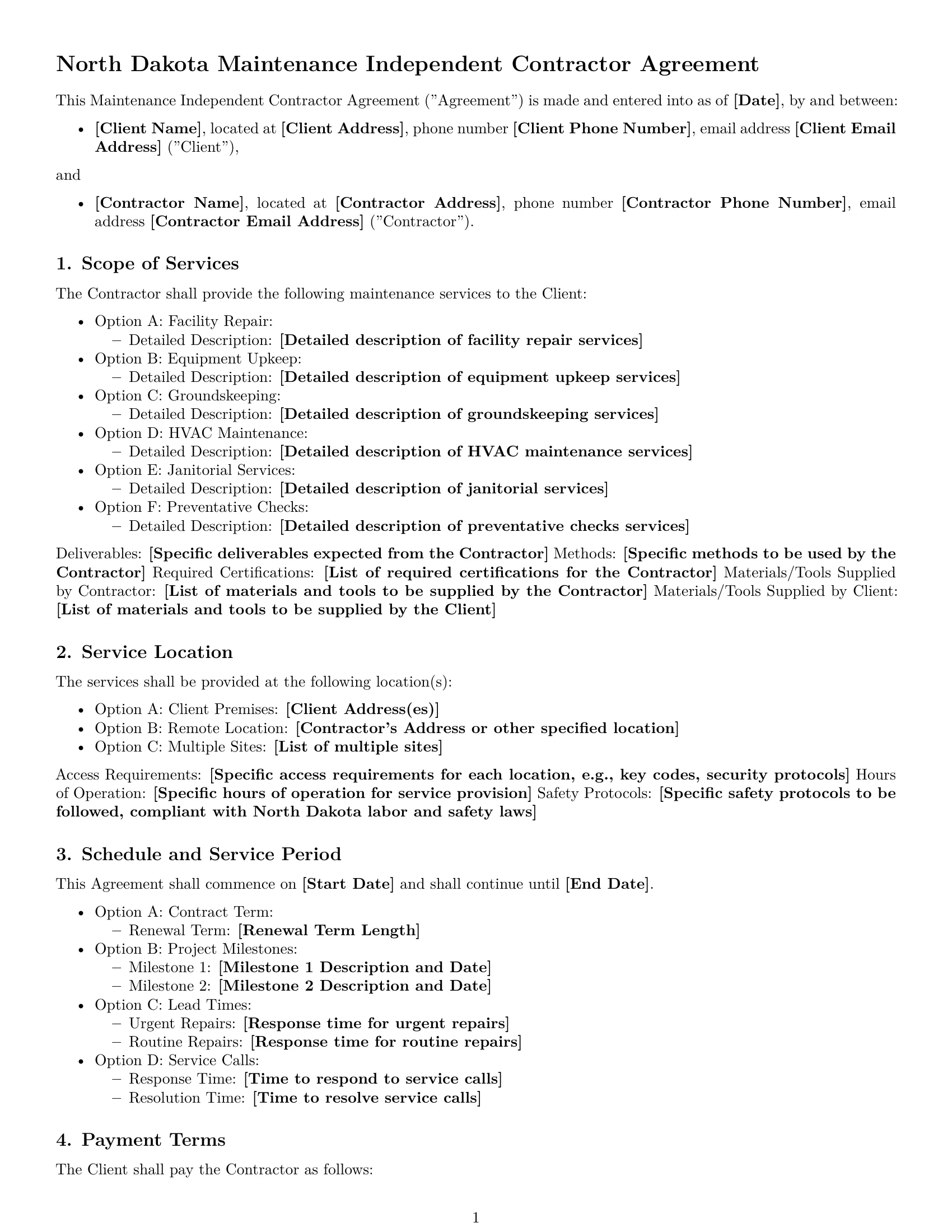 Preview page 1 of Free North Dakota maintenance independent contractor agreement template