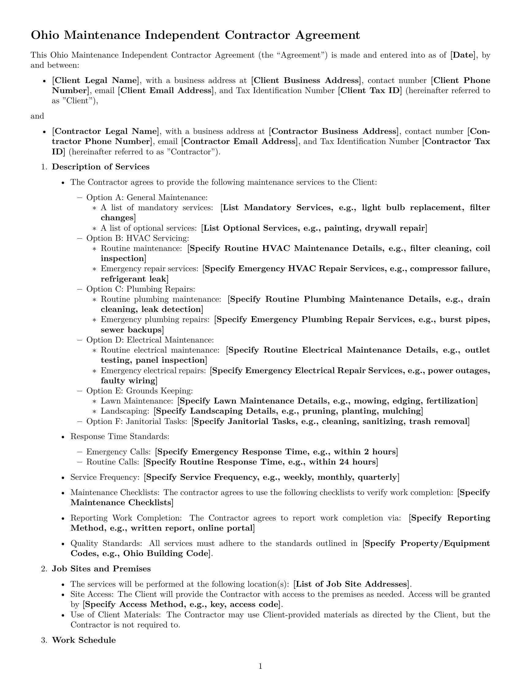 Preview page 1 of Free Ohio maintenance independent contractor agreement template