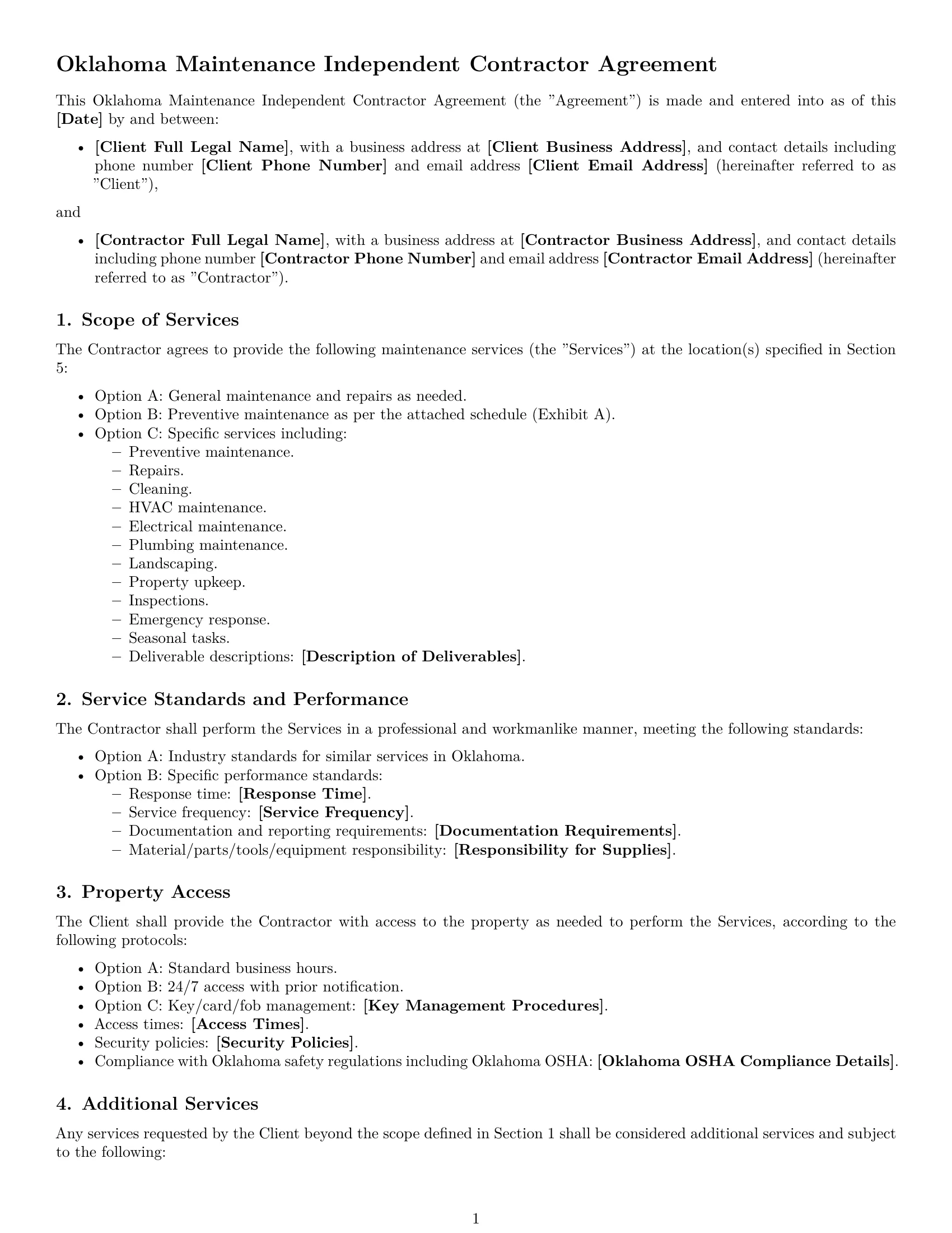 Preview page 1 of Free Oklahoma maintenance independent contractor agreement template
