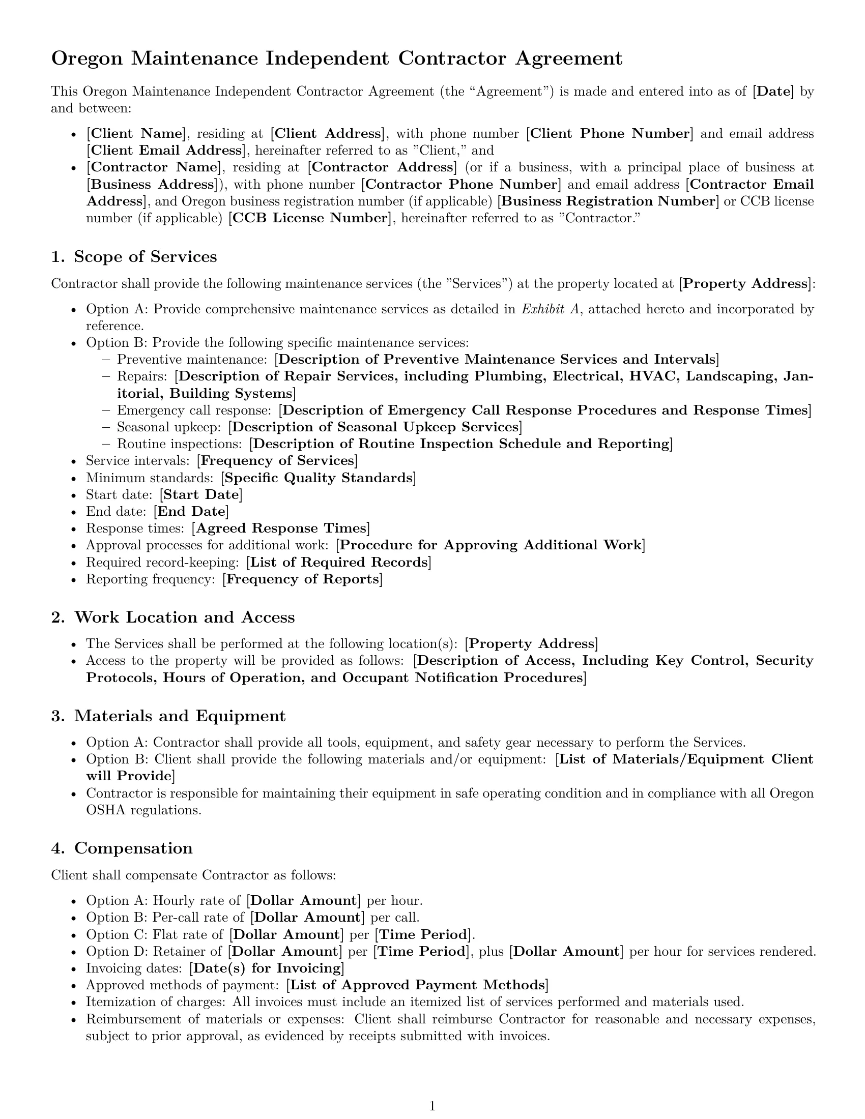 Preview page 1 of Free Oregon maintenance independent contractor agreement template