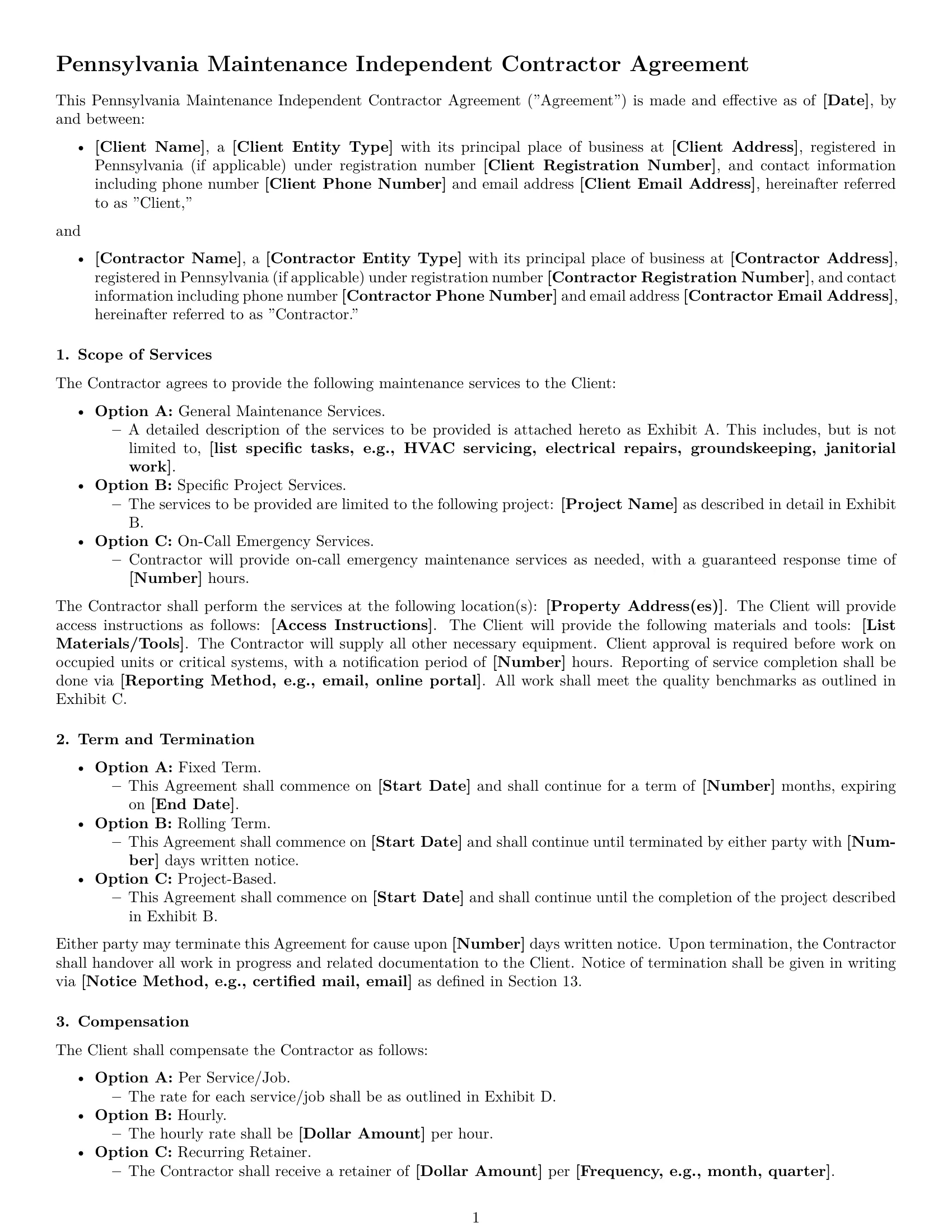 Preview page 1 of Free Pennsylvania maintenance independent contractor agreement template