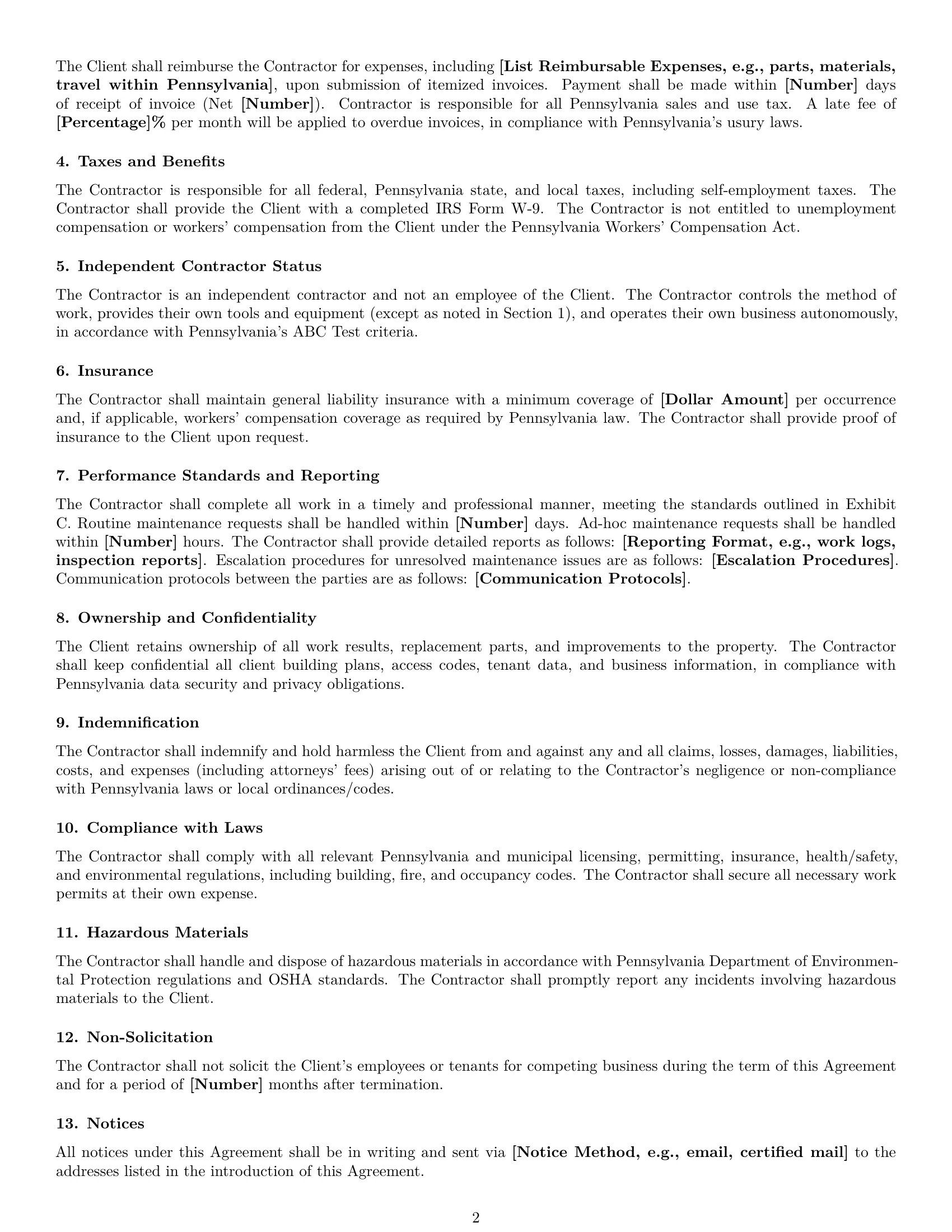 Preview page 2 of Free Pennsylvania maintenance independent contractor agreement template