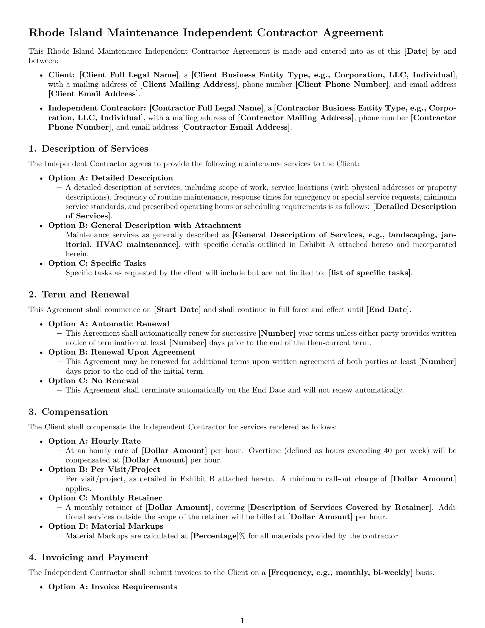 Preview page 1 of Free Rhode Island maintenance independent contractor agreement template