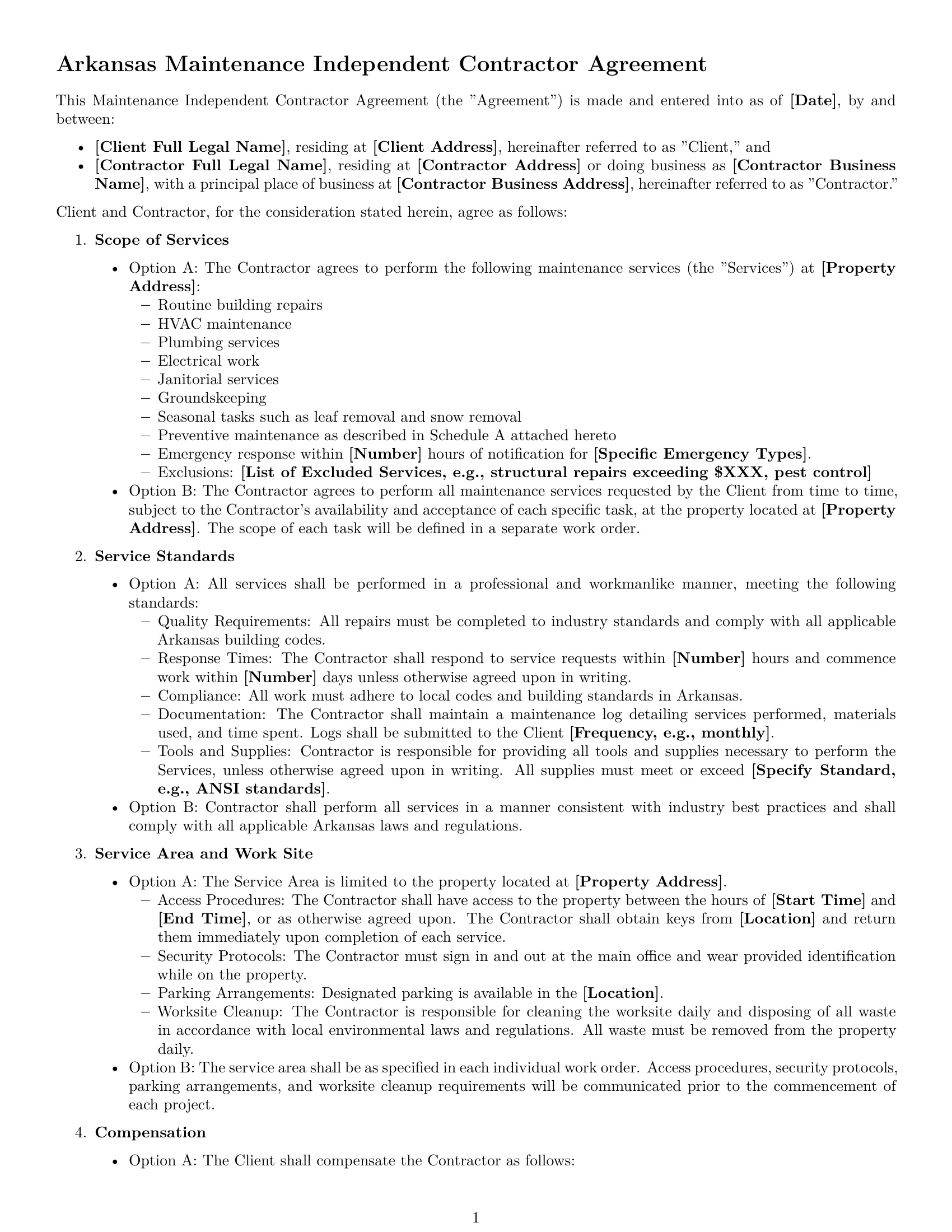 Preview page 1 of Free Arkansas maintenance independent contractor agreement template