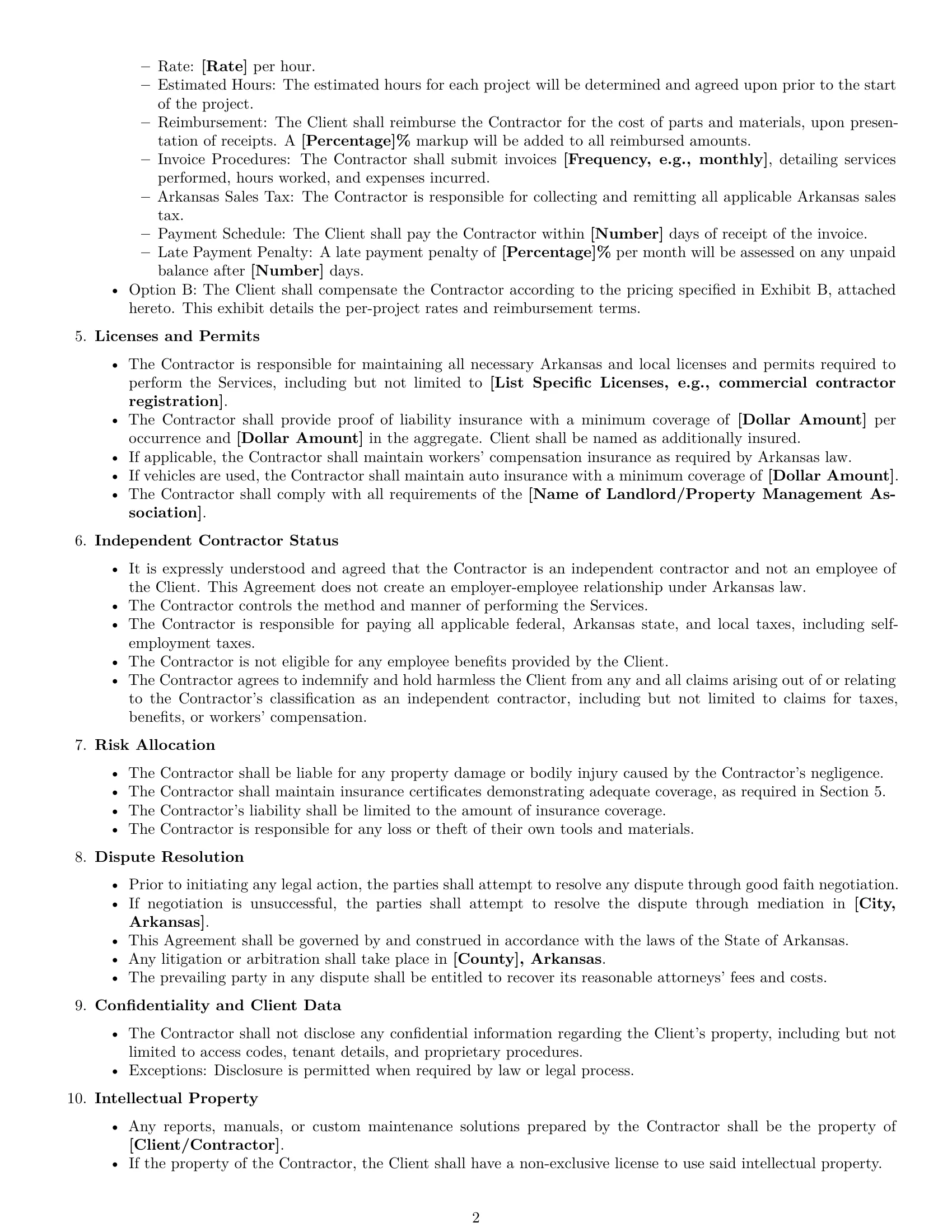 Preview page 2 of Free Arkansas maintenance independent contractor agreement template