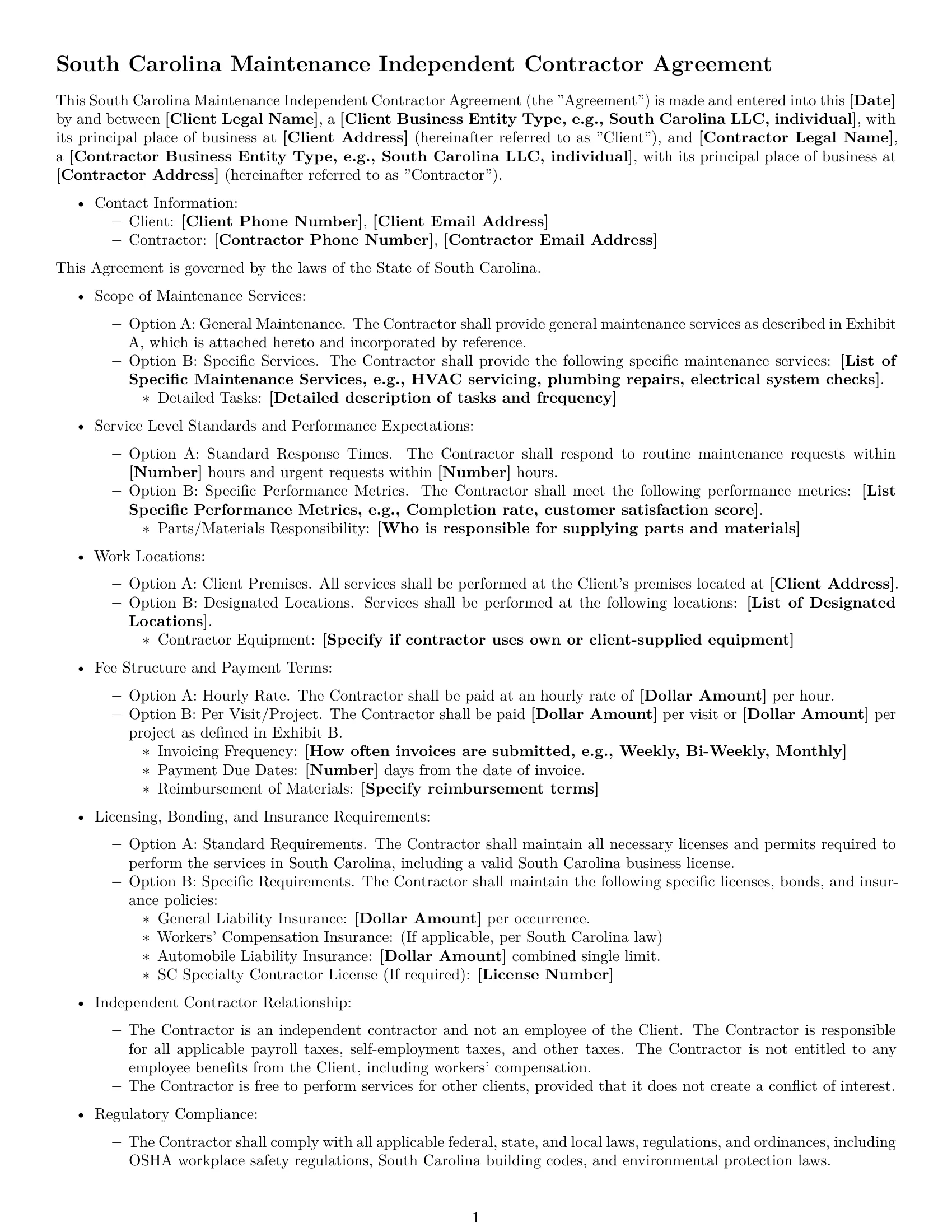 Preview page 1 of Free South Carolina maintenance independent contractor agreement template
