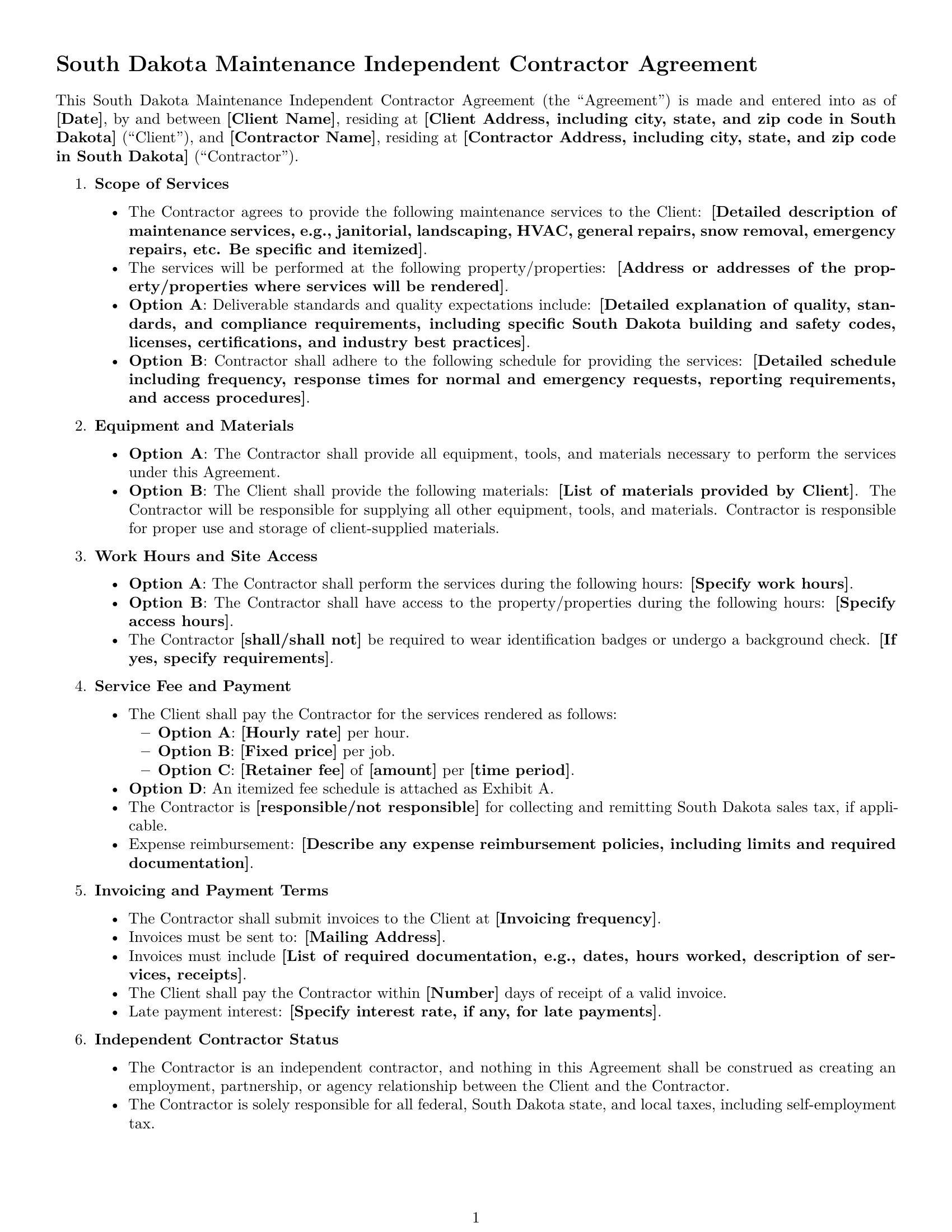 Preview page 1 of Free South Dakota maintenance independent contractor agreement template