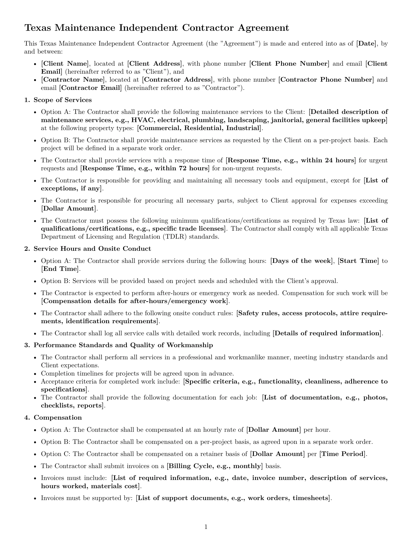 Preview page 1 of Free Texas maintenance independent contractor agreement template