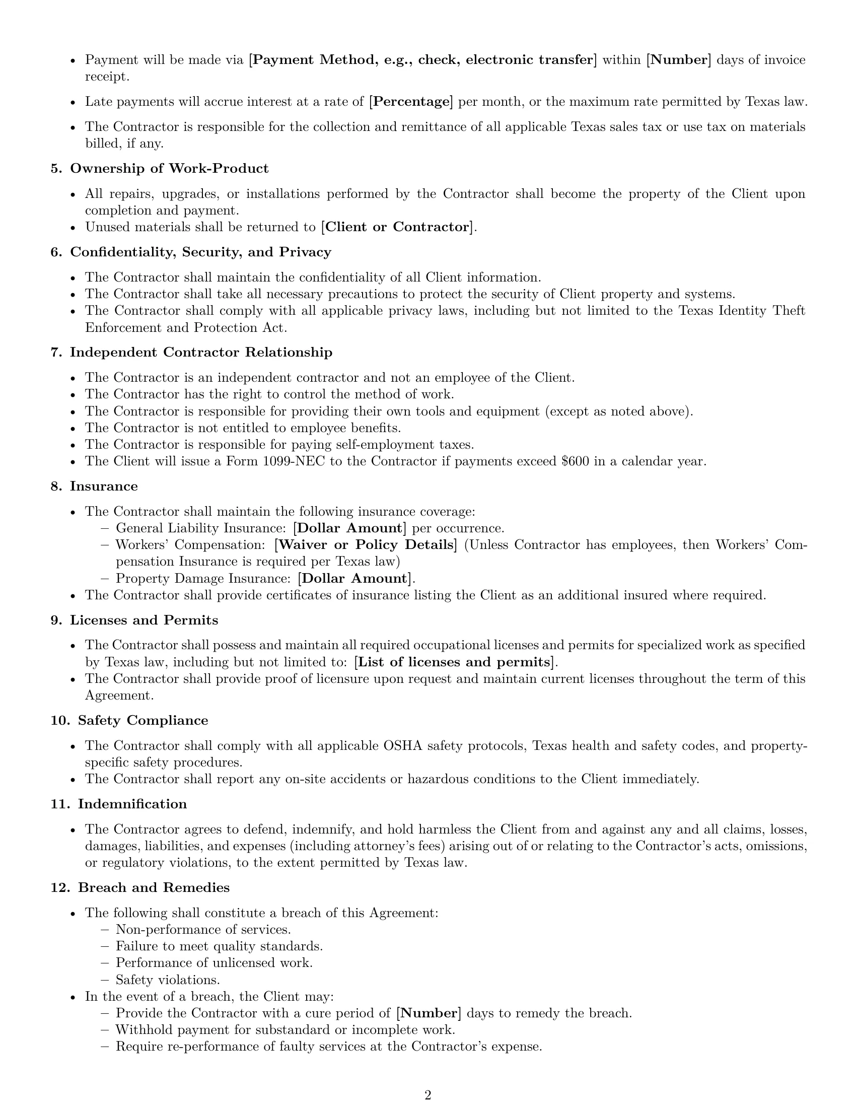 Preview page 2 of Free Texas maintenance independent contractor agreement template