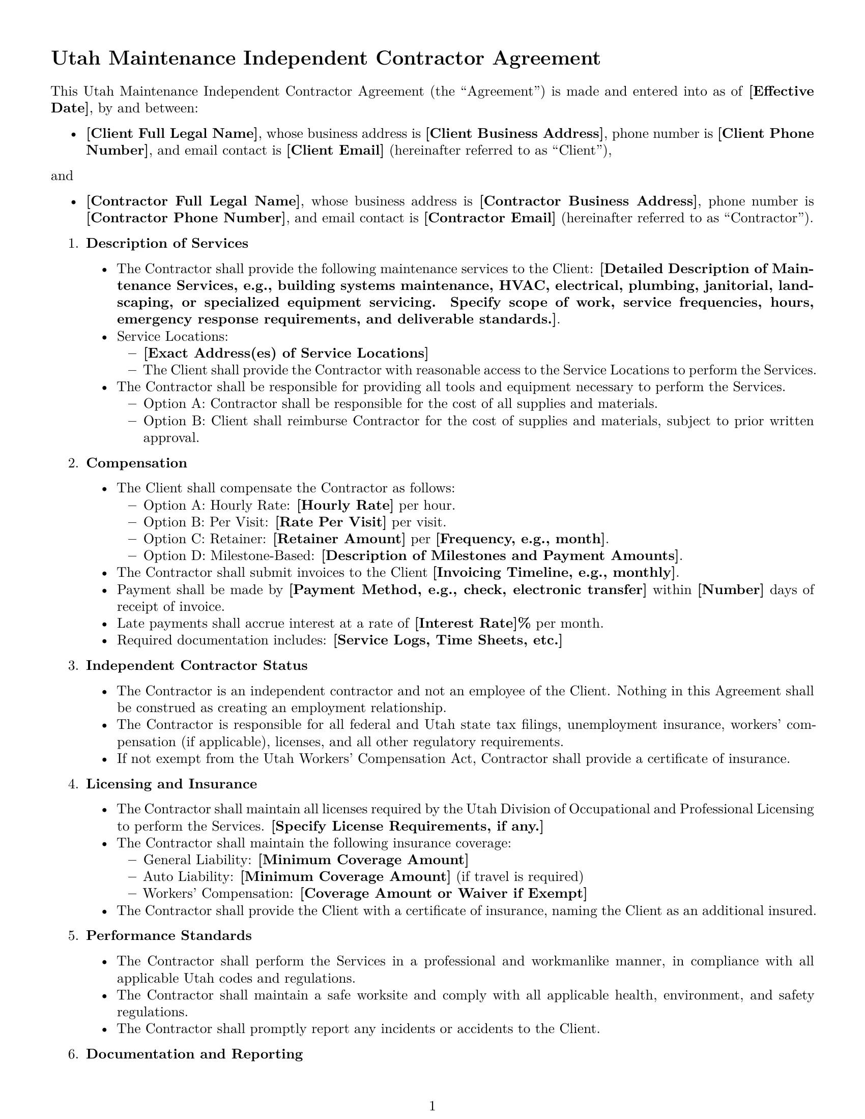 Preview page 1 of Free Utah maintenance independent contractor agreement template