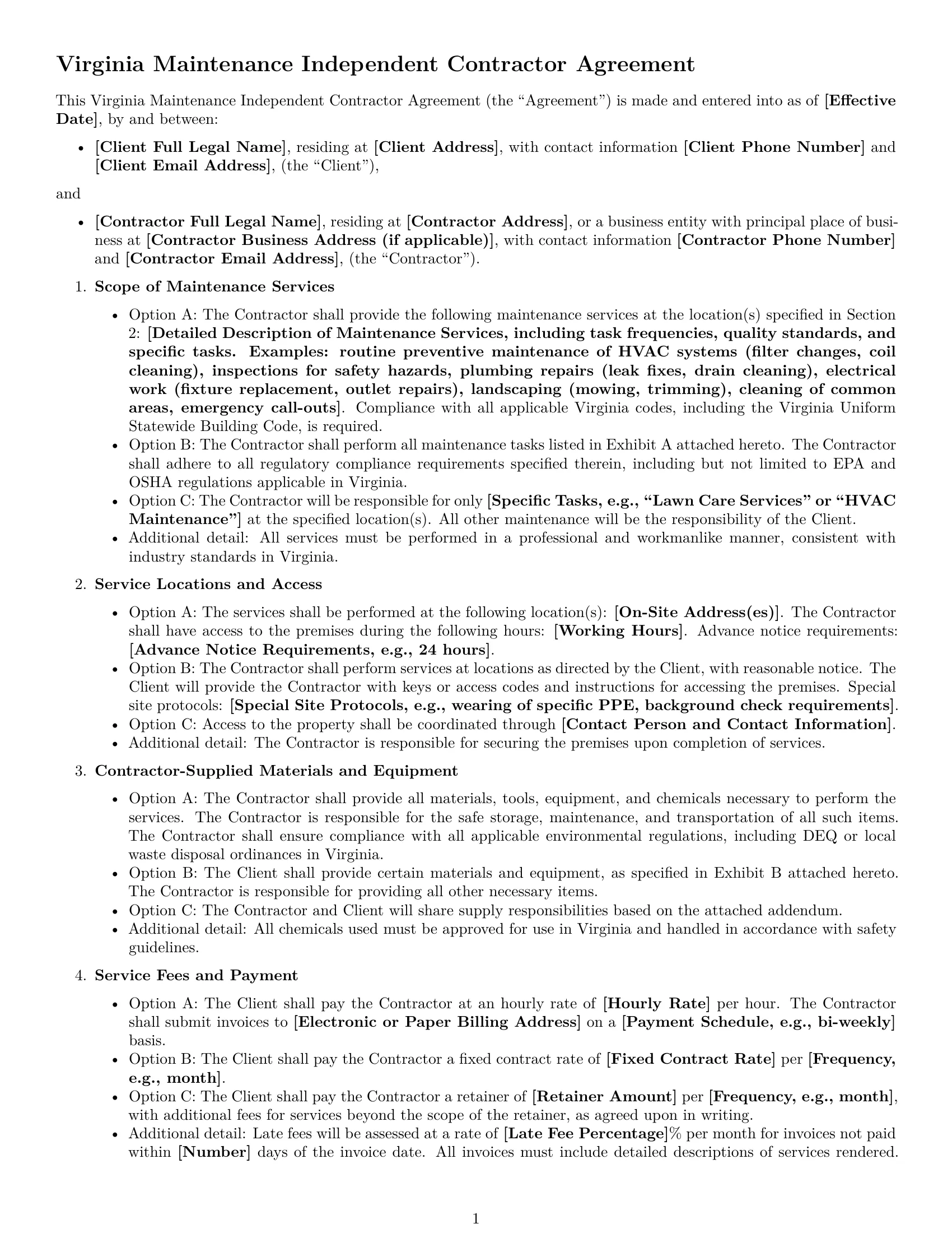 Preview page 1 of Free Virginia maintenance independent contractor agreement template
