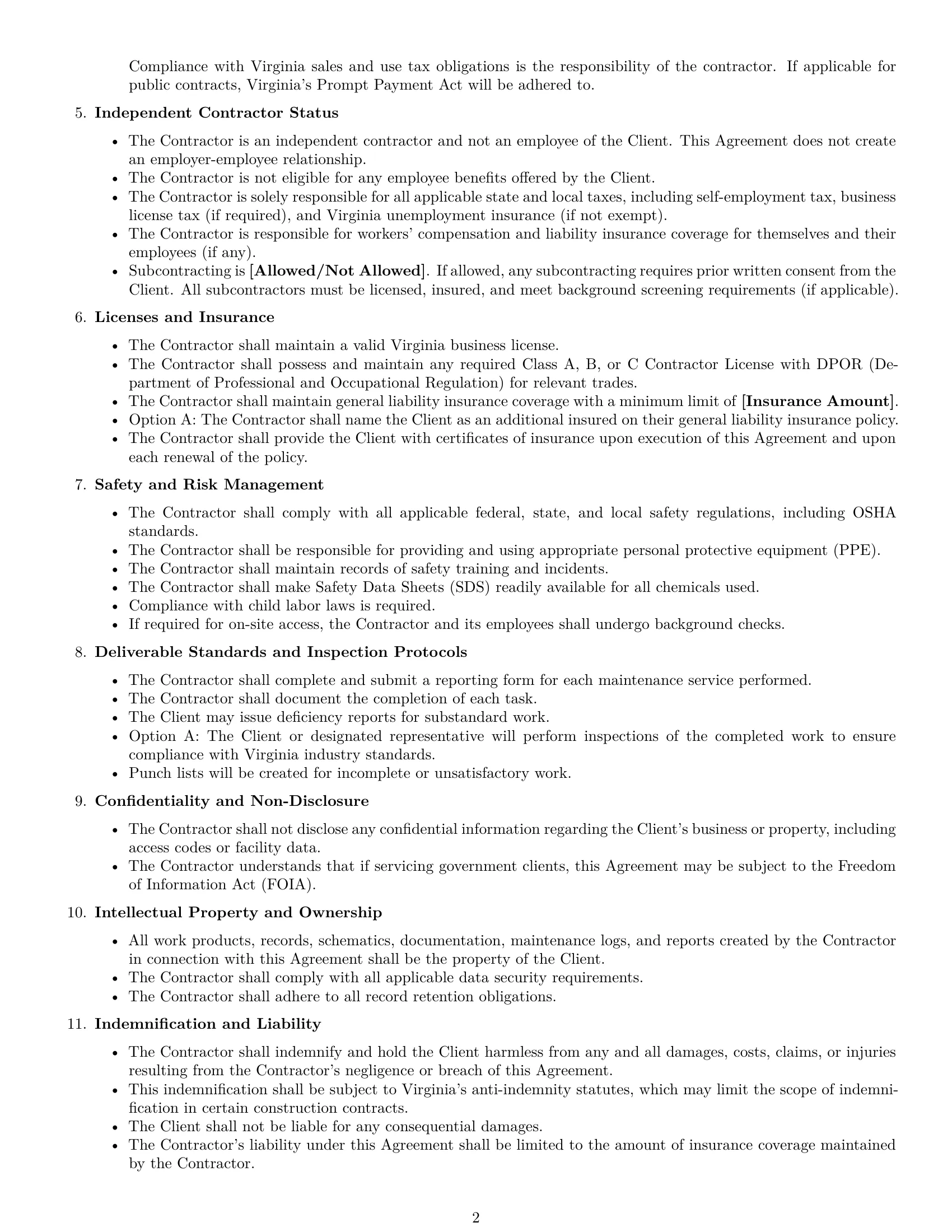 Preview page 2 of Free Virginia maintenance independent contractor agreement template