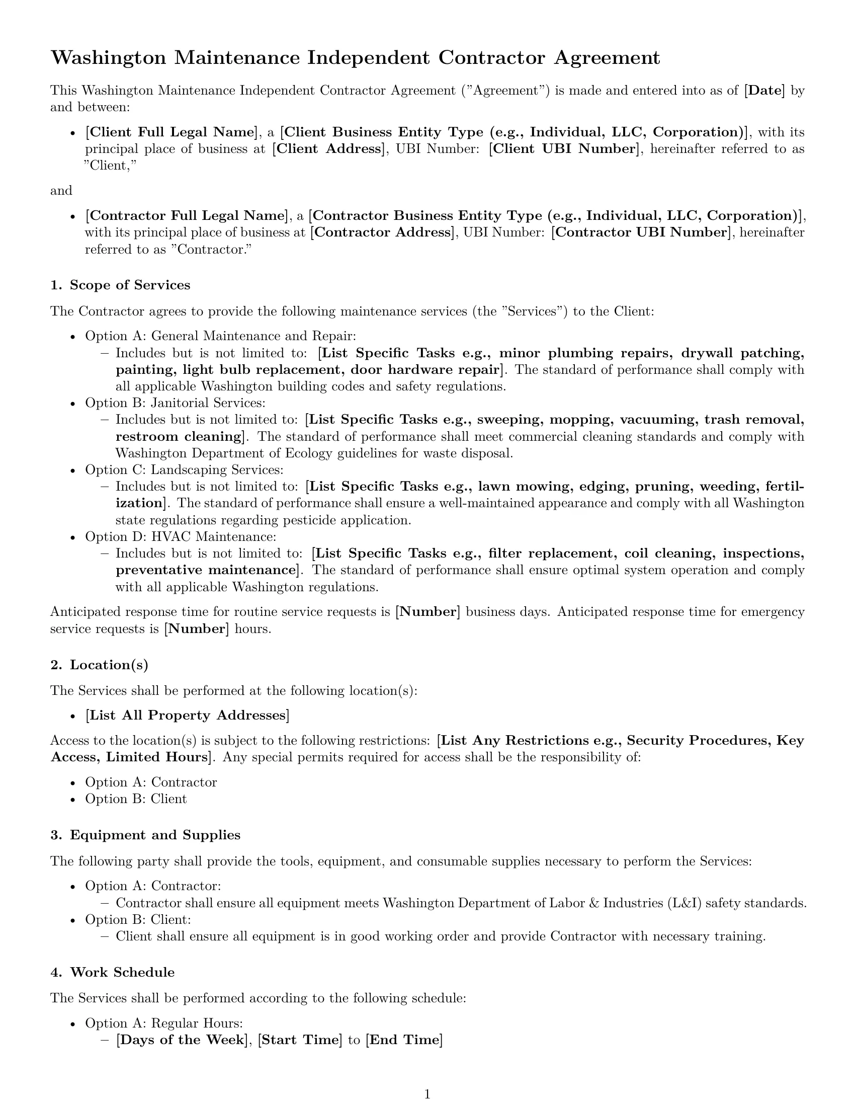 Preview page 1 of Free Washington maintenance independent contractor agreement template