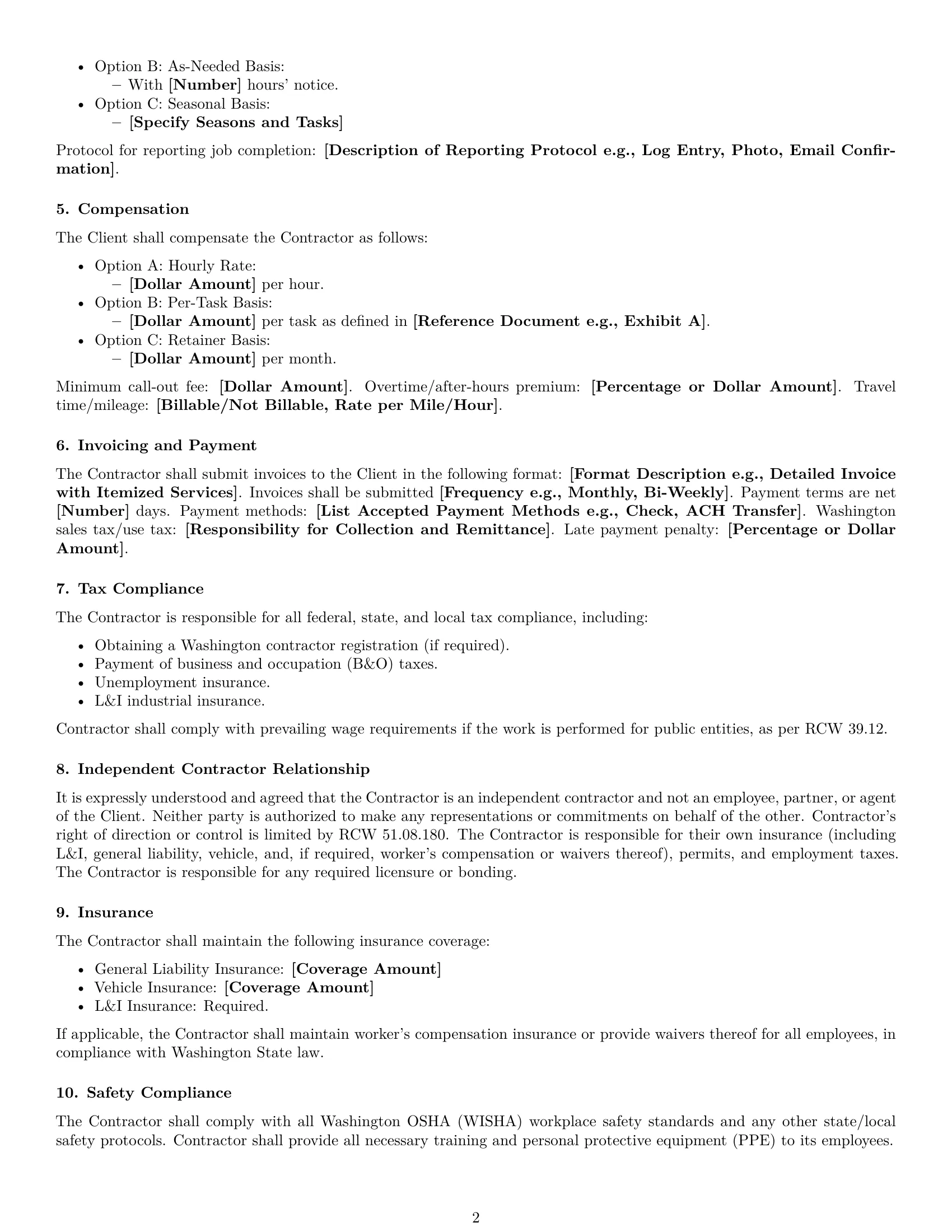 Preview page 2 of Free Washington maintenance independent contractor agreement template