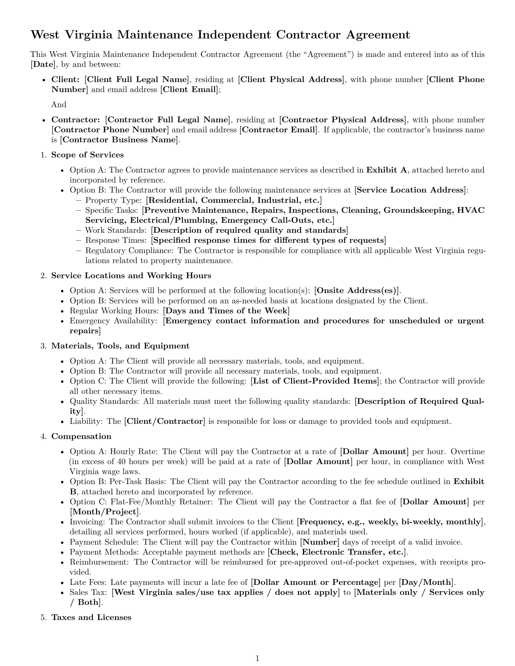 Preview page 1 of Free West Virginia maintenance independent contractor agreement template
