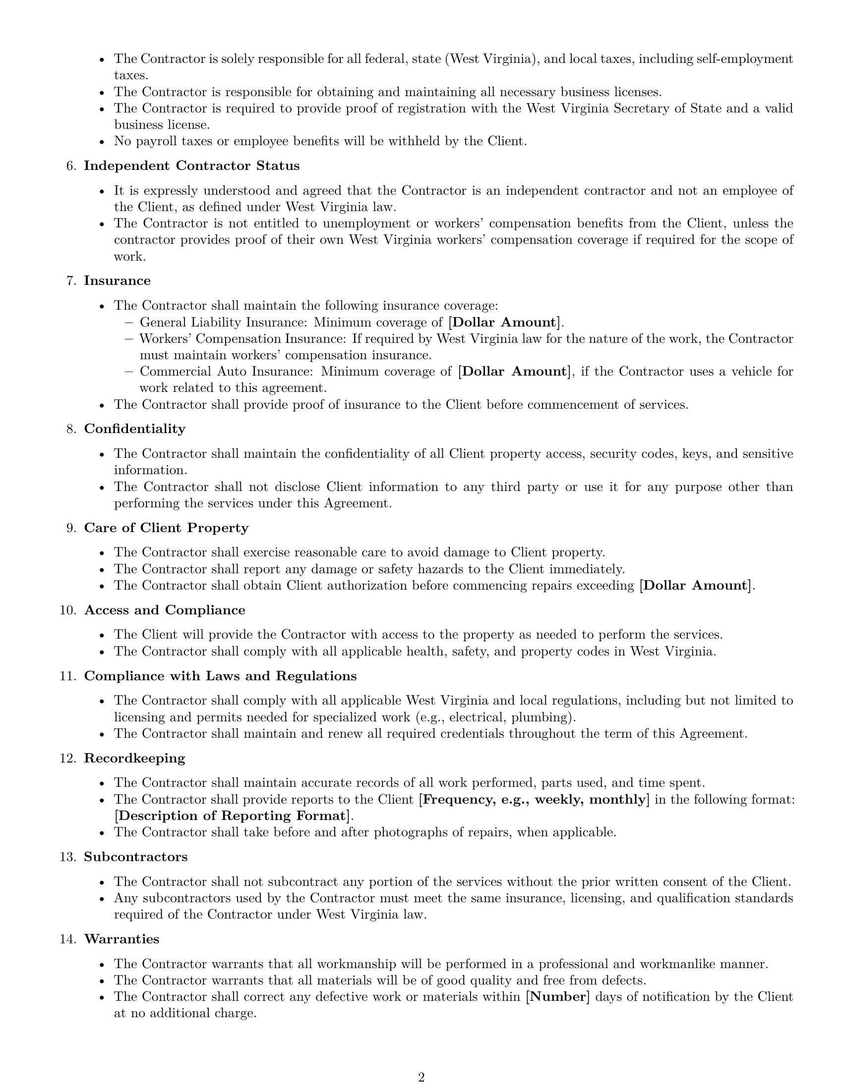 Preview page 2 of Free West Virginia maintenance independent contractor agreement template