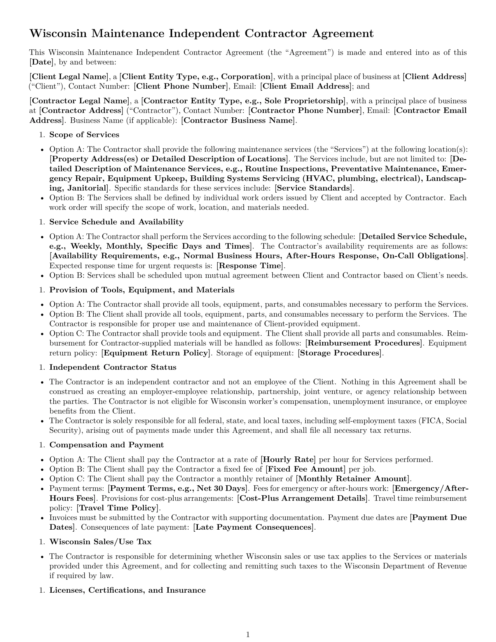 Preview page 1 of Free Wisconsin maintenance independent contractor agreement template