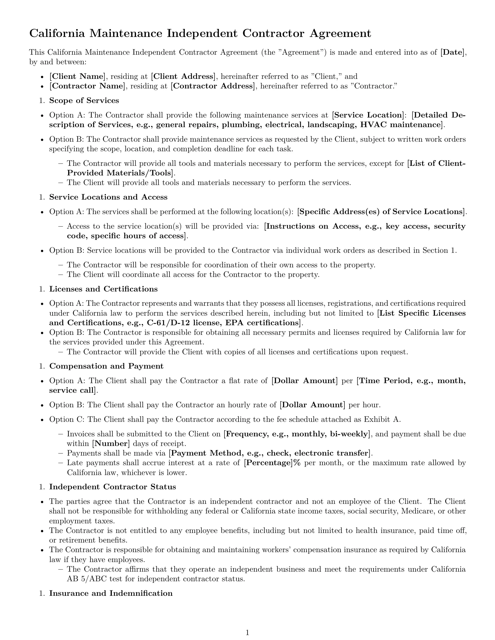 Preview page 1 of Free California maintenance independent contractor agreement template