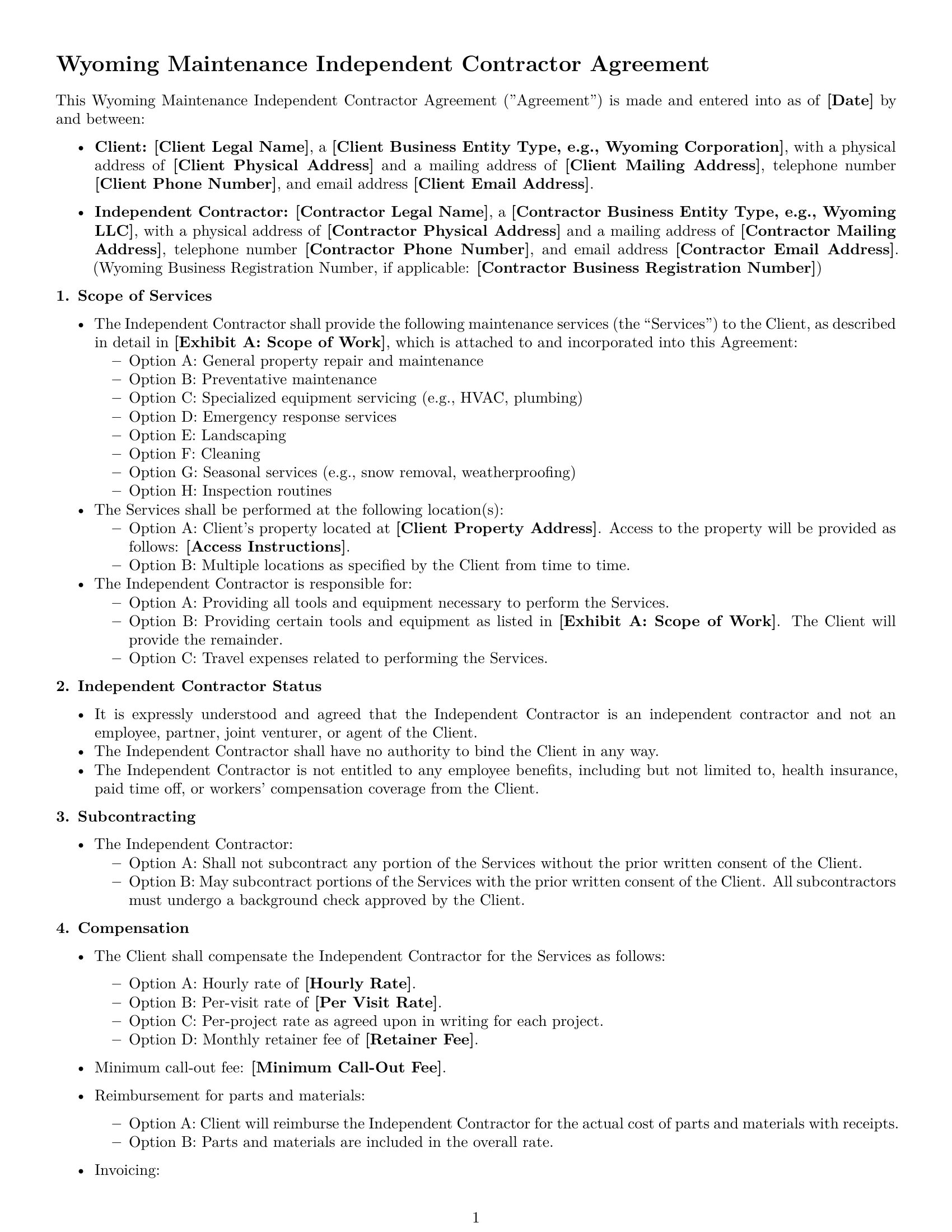 Preview page 1 of Free Wyoming maintenance independent contractor agreement template