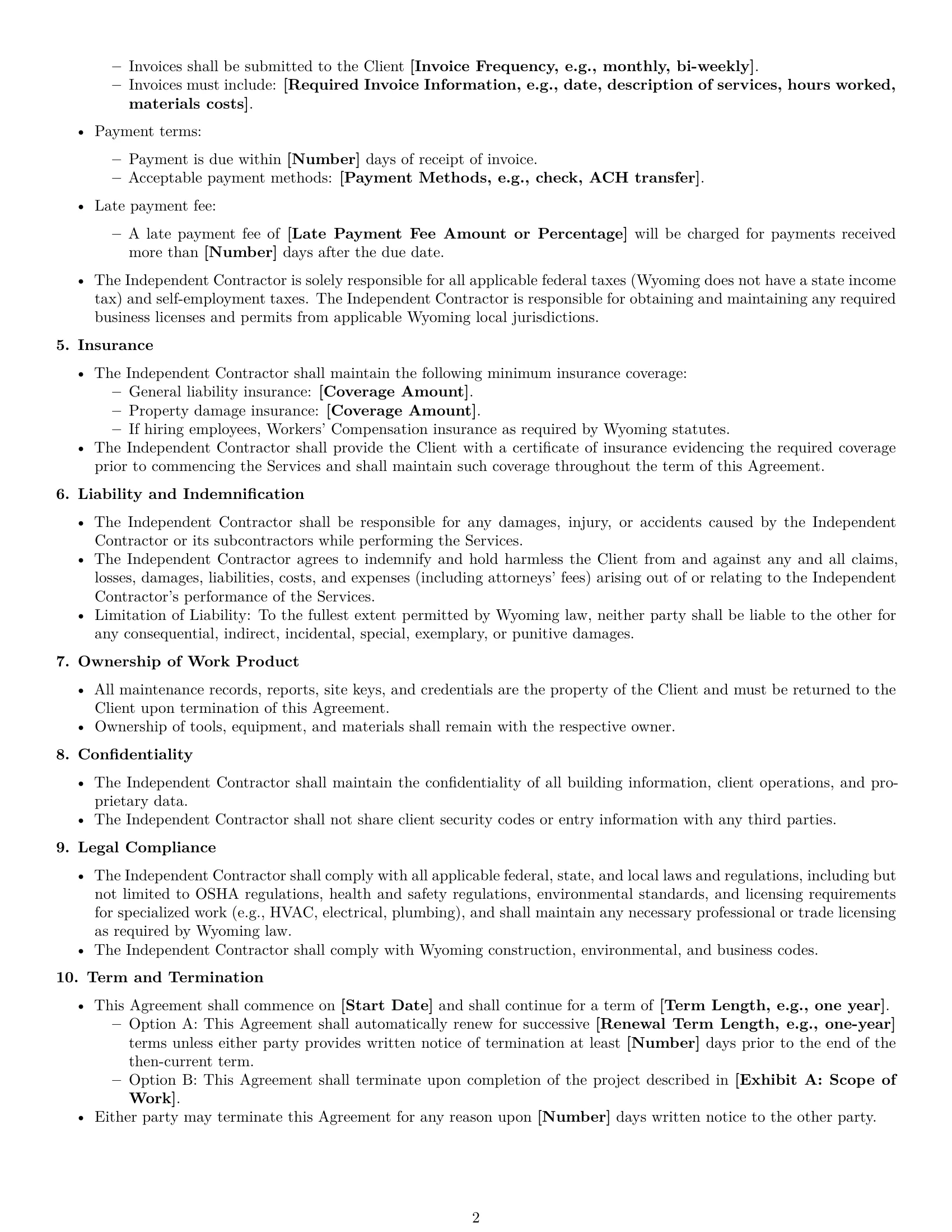 Preview page 2 of Free Wyoming maintenance independent contractor agreement template