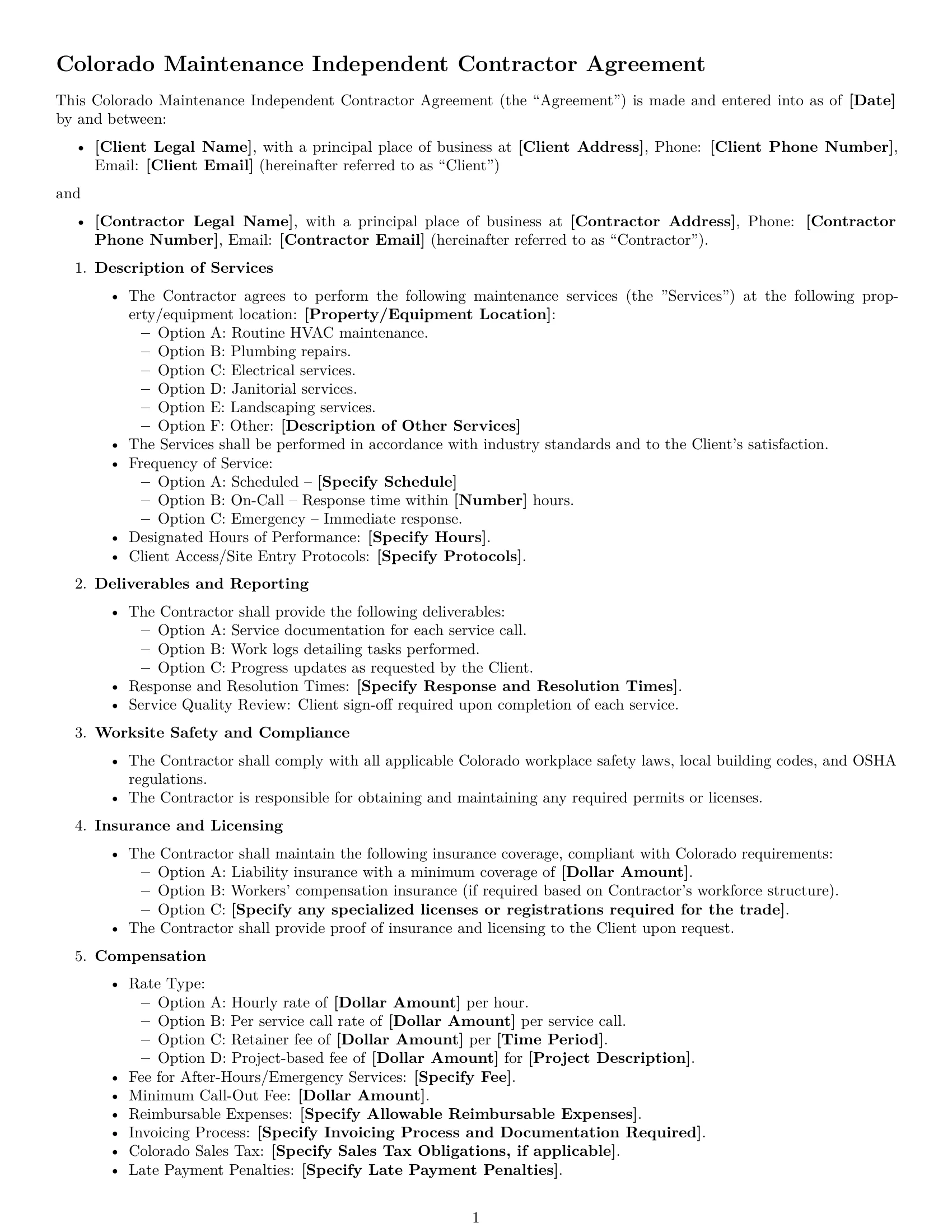 Preview page 1 of Free Colorado maintenance independent contractor agreement template