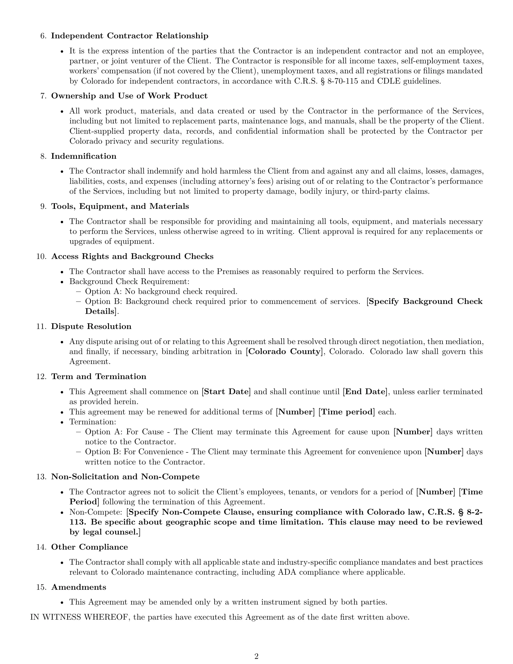 Preview page 2 of Free Colorado maintenance independent contractor agreement template