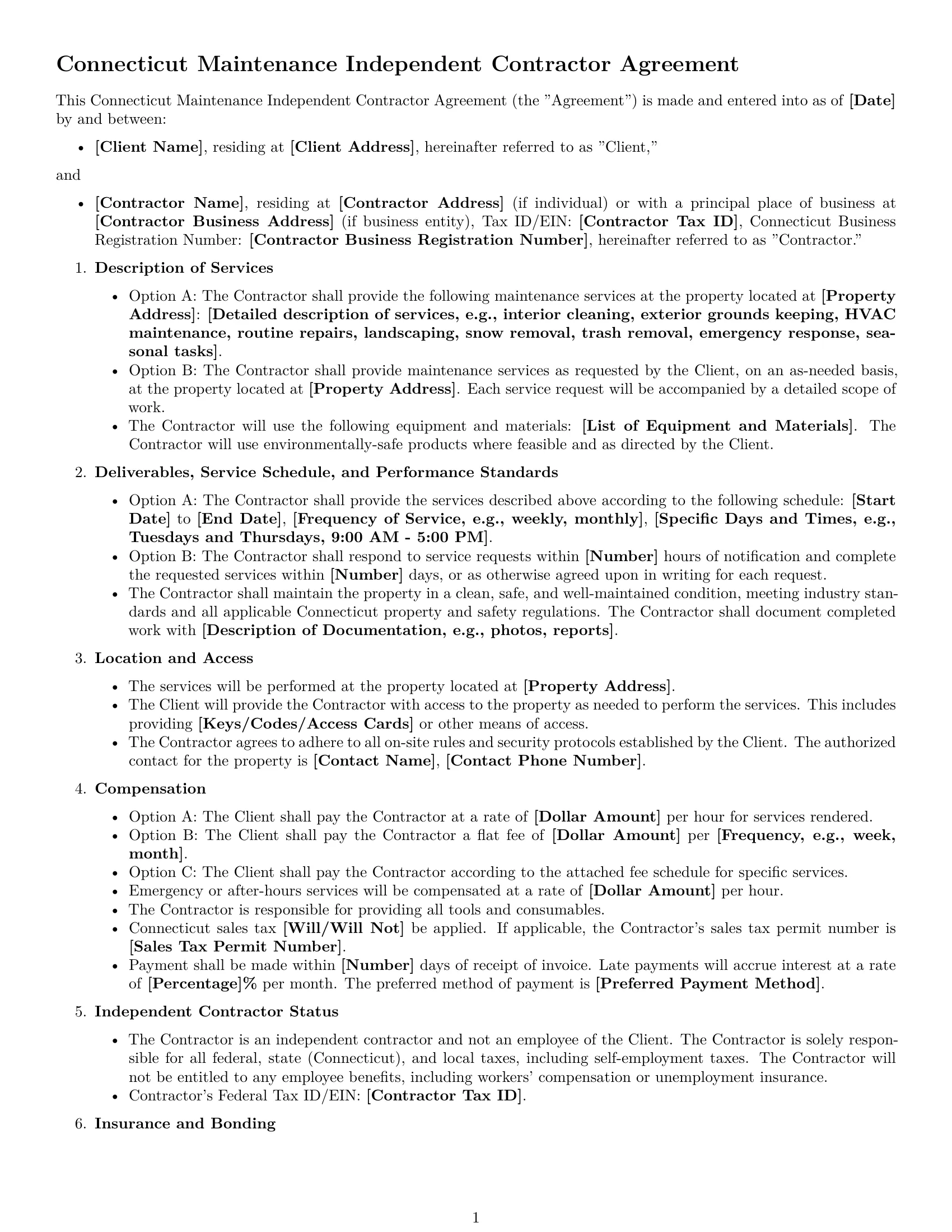 Preview page 1 of Free Connecticut maintenance independent contractor agreement template
