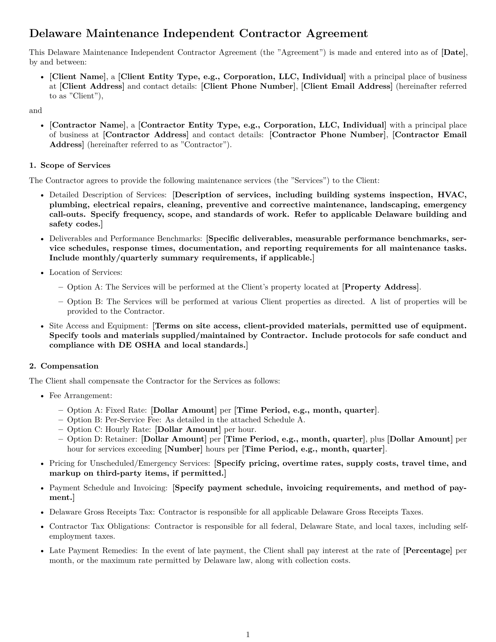 Preview page 1 of Free Delaware maintenance independent contractor agreement template