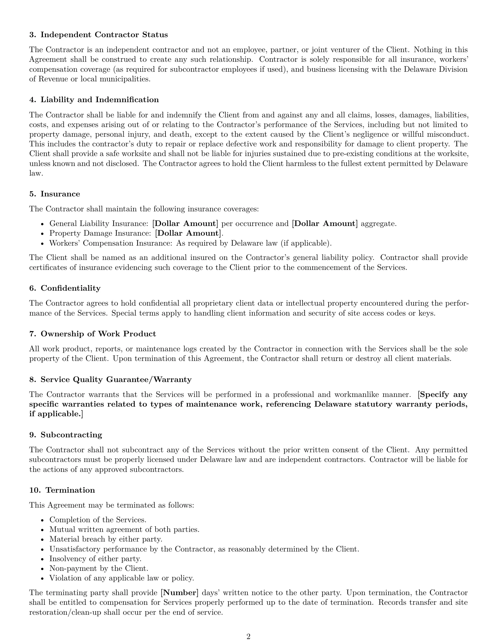 Preview page 2 of Free Delaware maintenance independent contractor agreement template