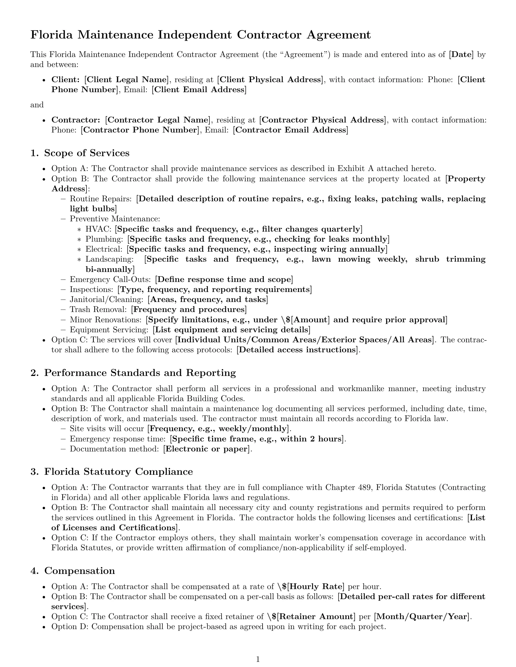 Preview page 1 of Free Florida maintenance independent contractor agreement template
