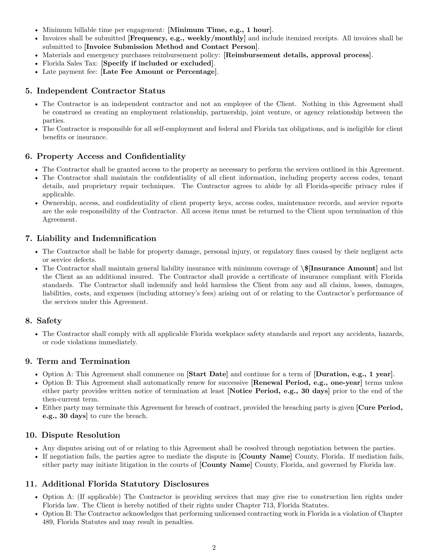 Preview page 2 of Free Florida maintenance independent contractor agreement template