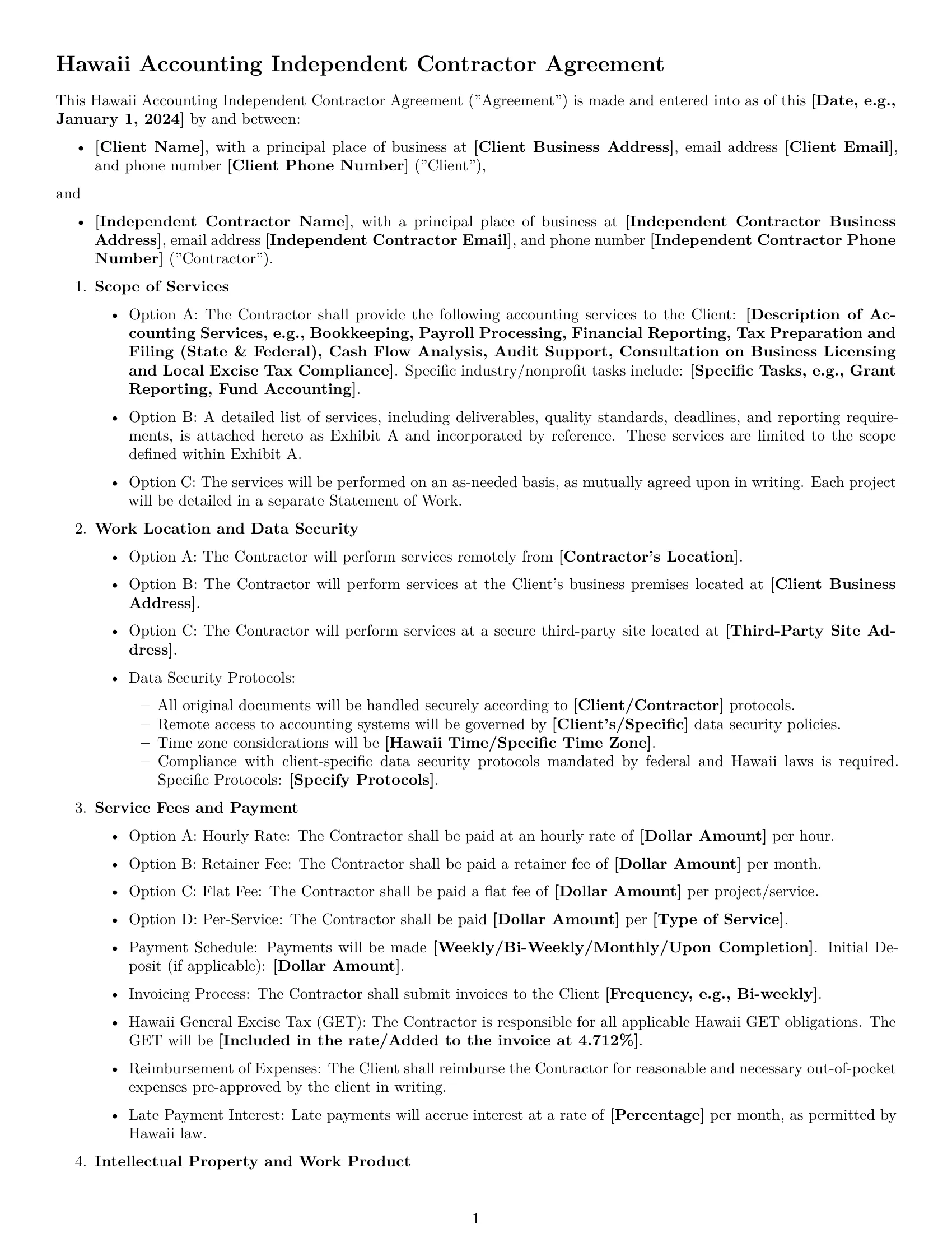 Preview page 1 of Free Hawaii accounting independent contractor agreement template