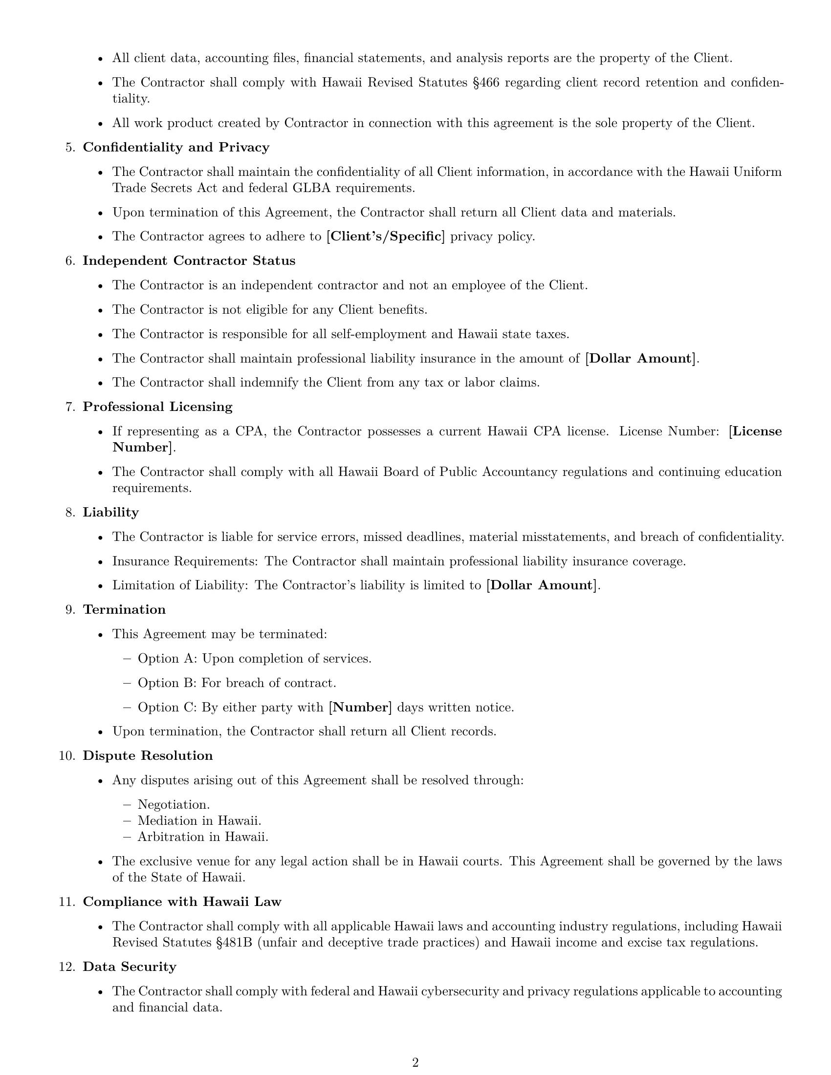 Preview page 2 of Free Hawaii accounting independent contractor agreement template