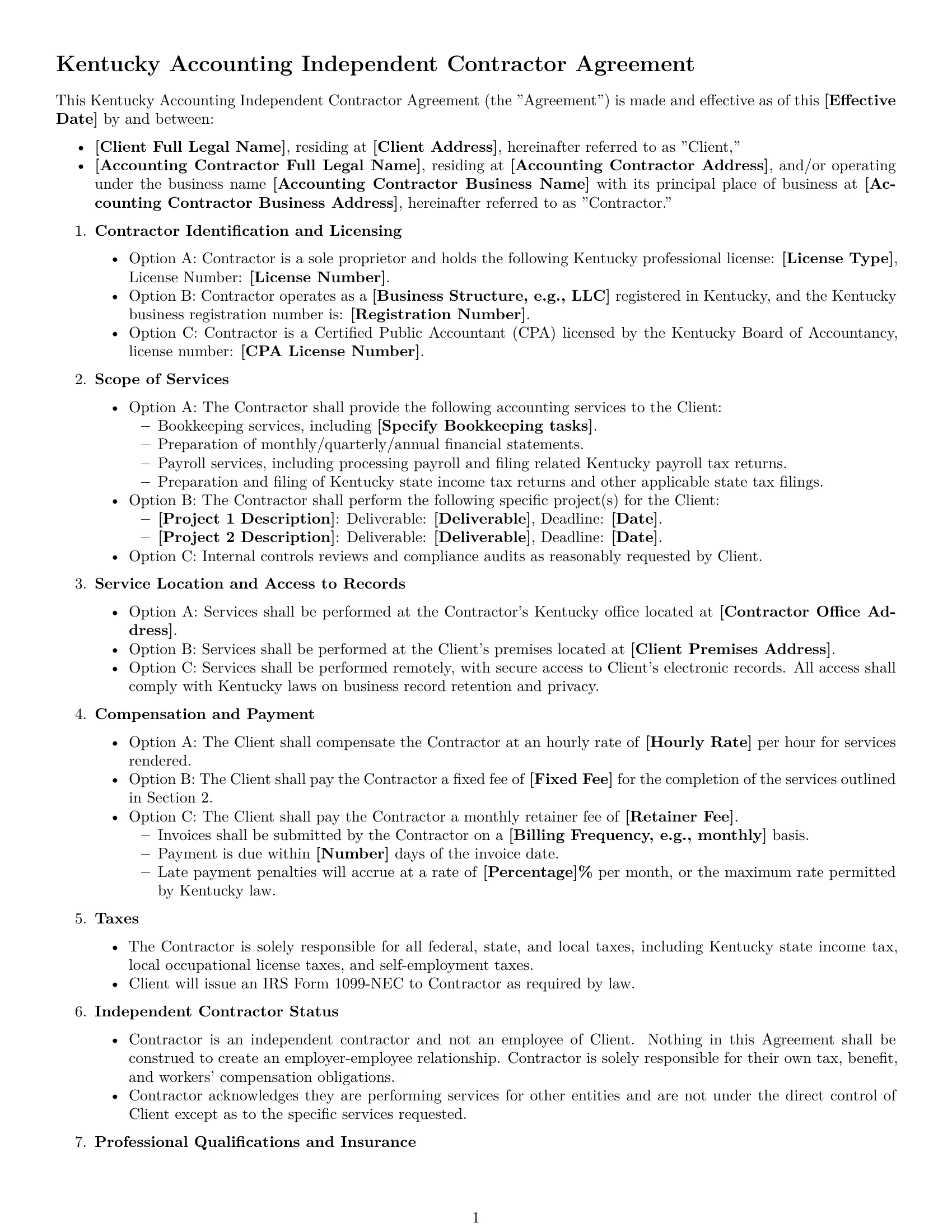 Preview page 1 of Free Kentucky accounting independent contractor agreement template