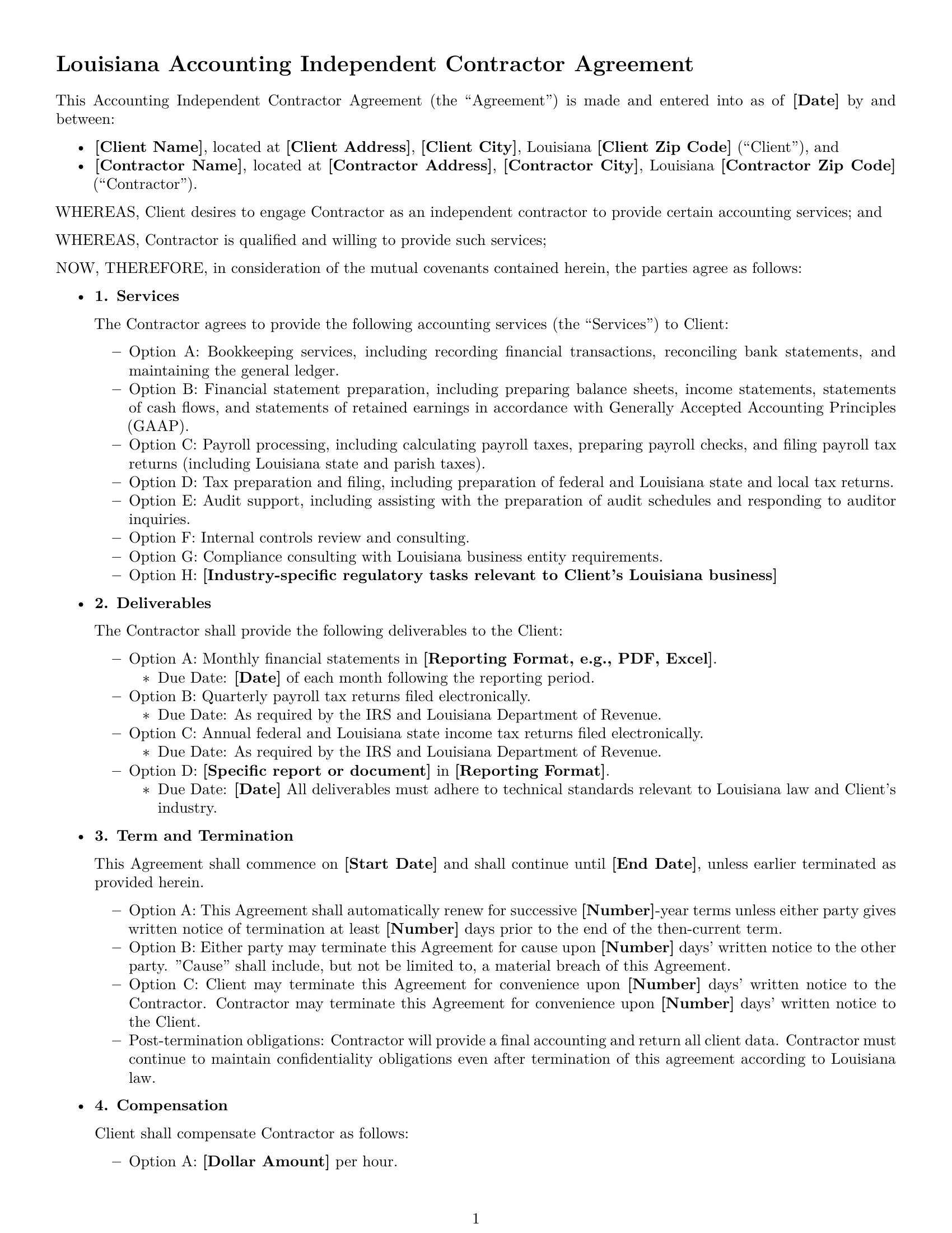 Preview page 1 of Free Louisiana accounting independent contractor agreement template
