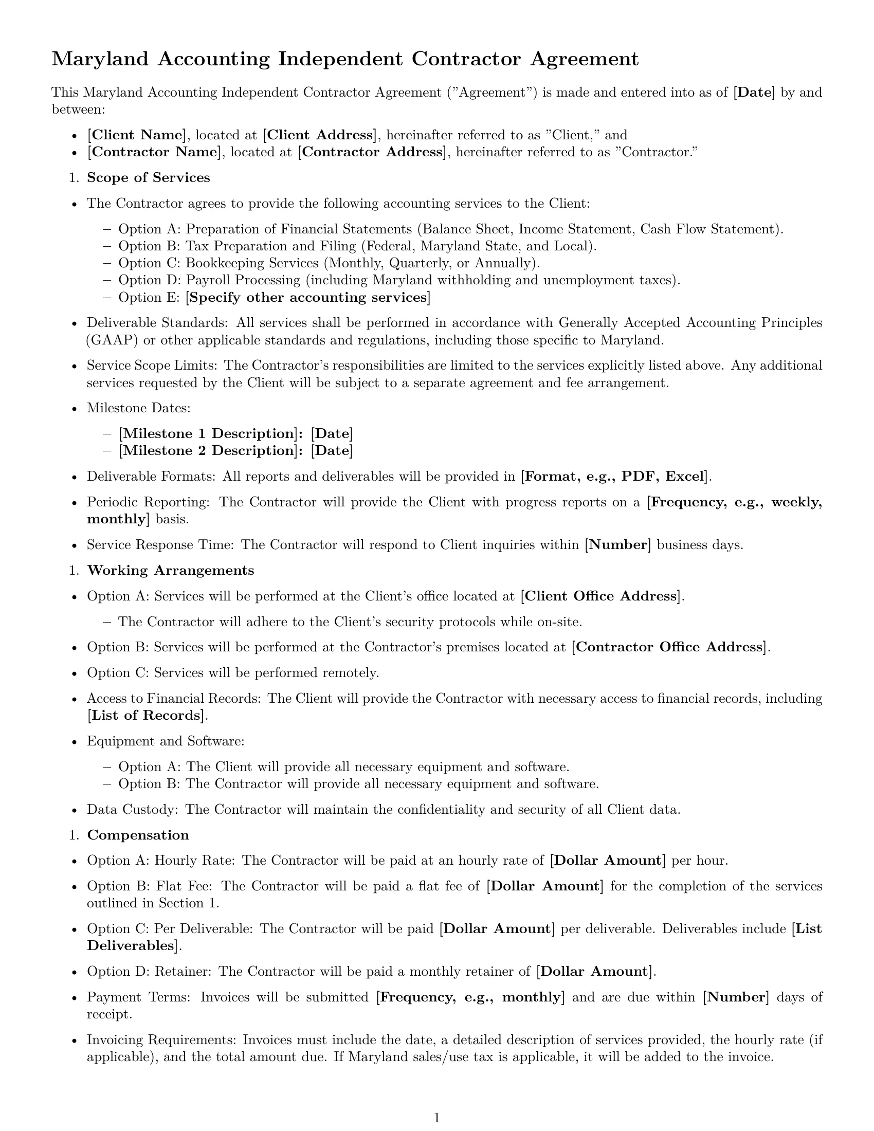 Preview page 1 of Free Maryland accounting independent contractor agreement template