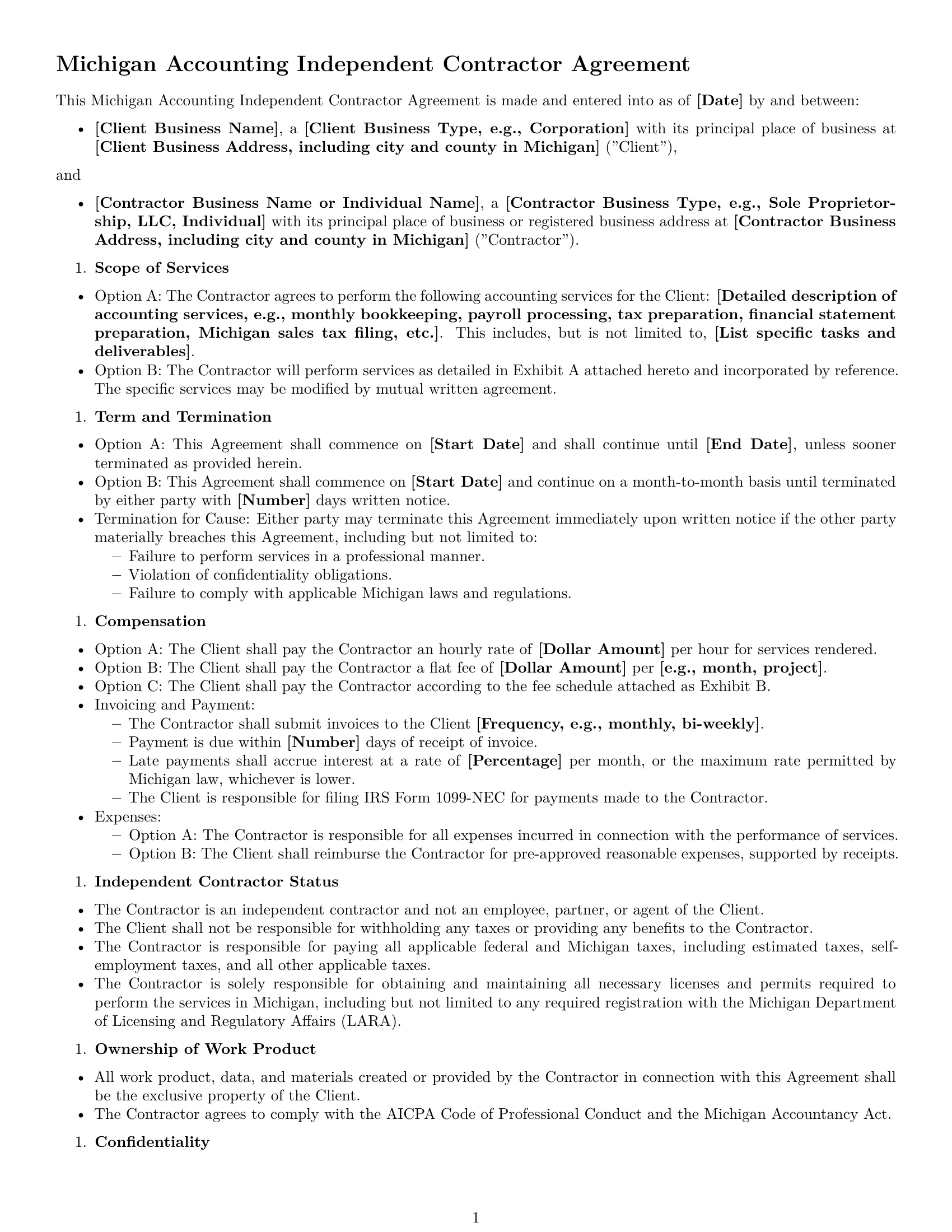 Preview page 1 of Free Michigan accounting independent contractor agreement template