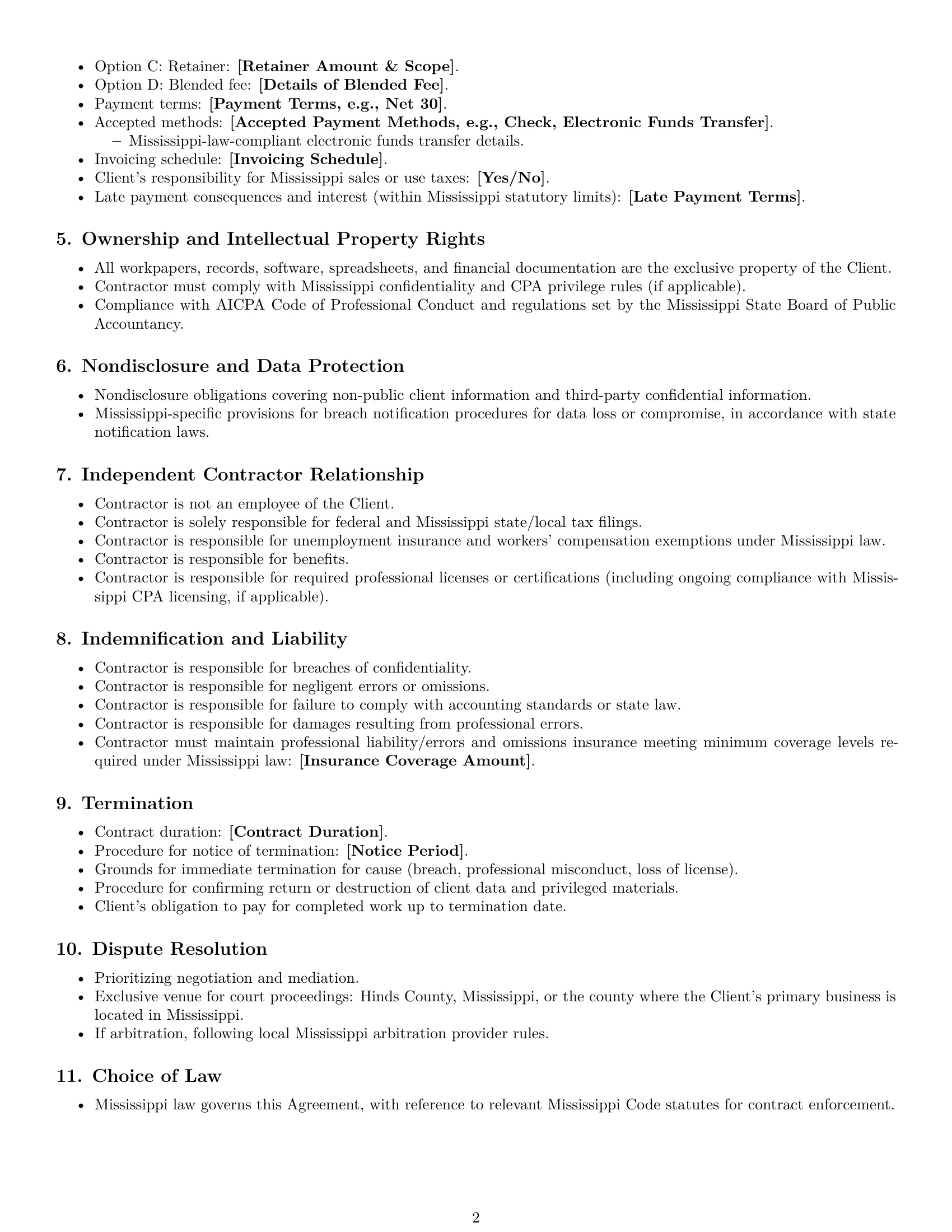 Preview page 2 of Free Mississippi accounting independent contractor agreement template