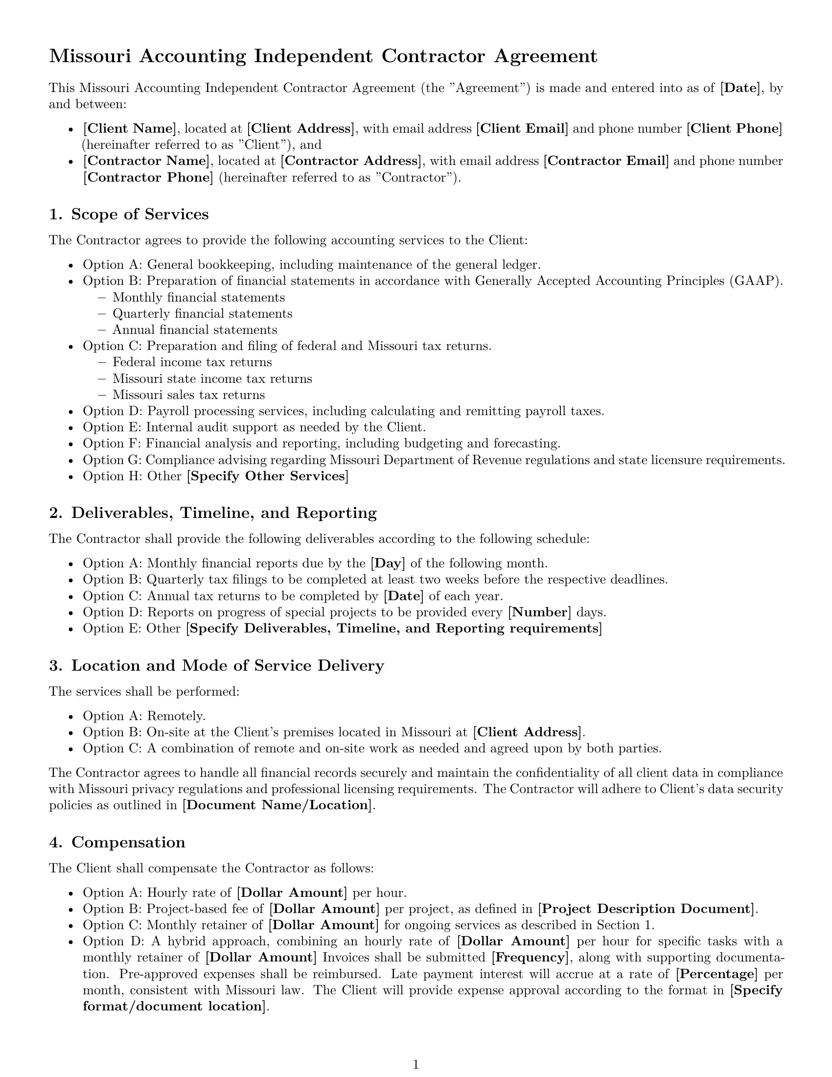 Preview page 1 of Free Missouri accounting independent contractor agreement template