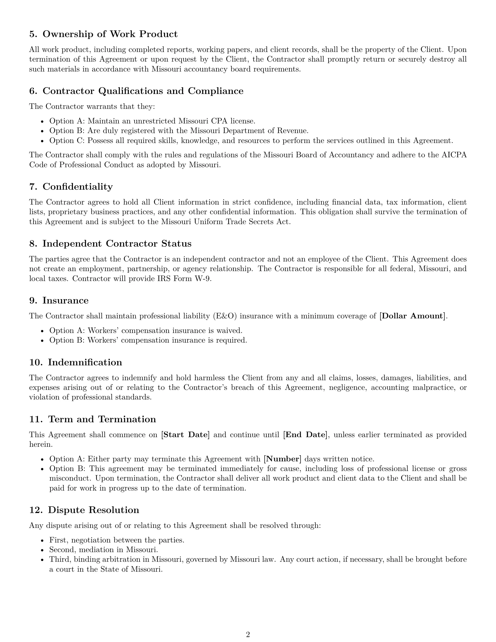 Preview page 2 of Free Missouri accounting independent contractor agreement template