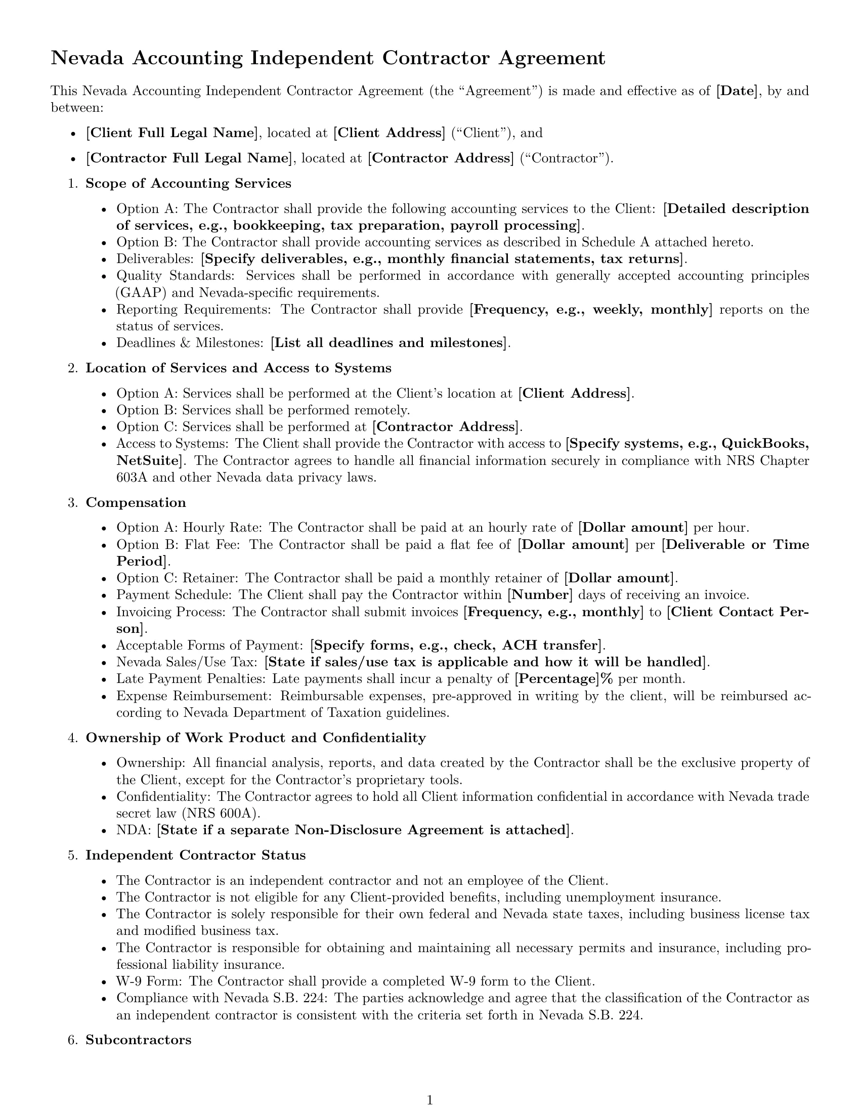 Preview page 1 of Free Nevada accounting independent contractor agreement template