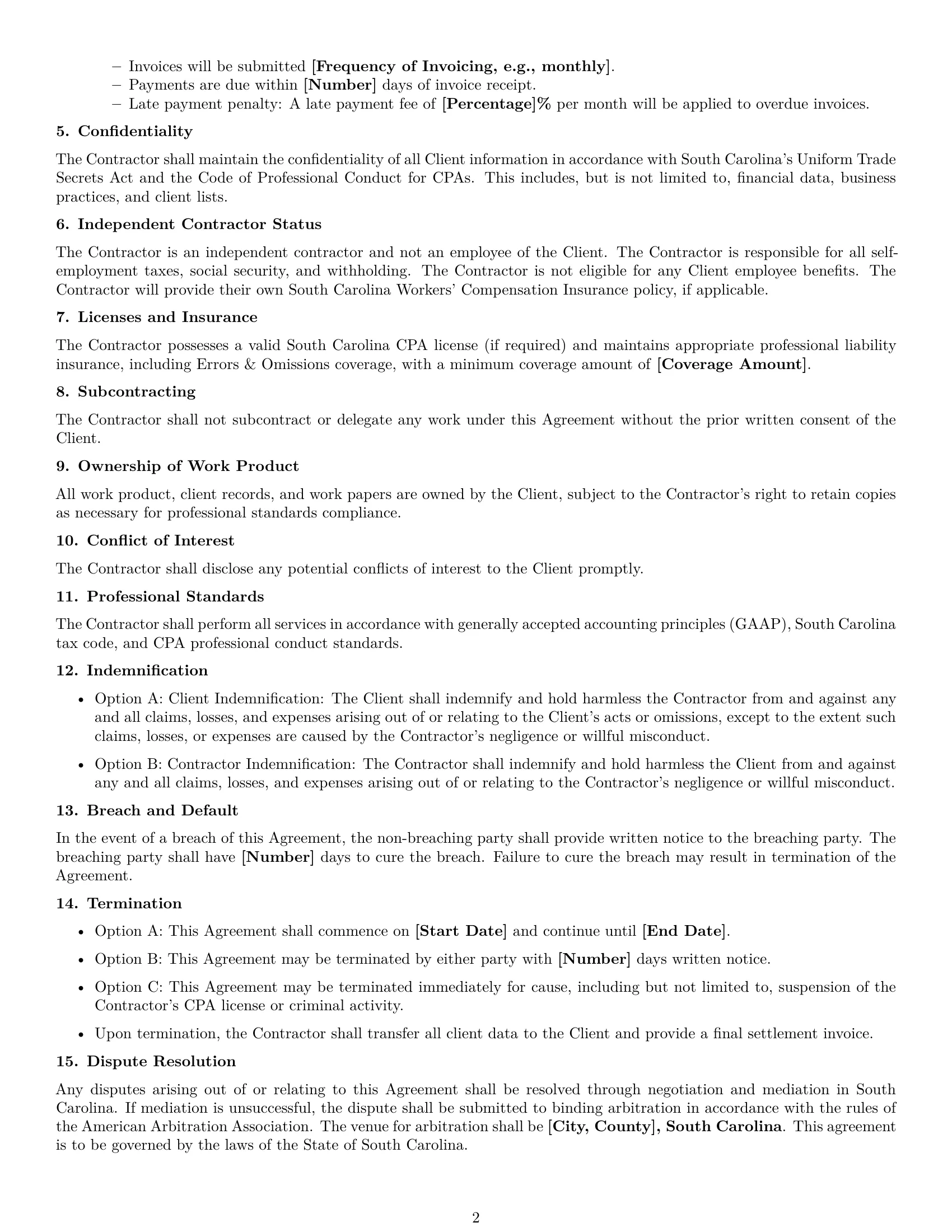 Preview page 2 of Free South Carolina accounting independent contractor agreement template