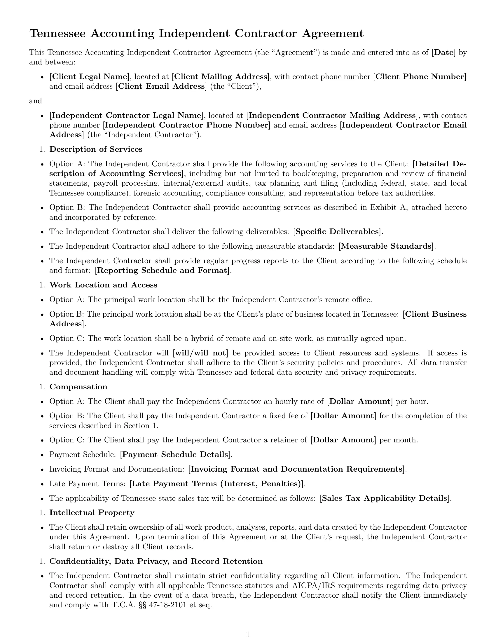 Preview page 1 of Free Tennessee accounting independent contractor agreement template