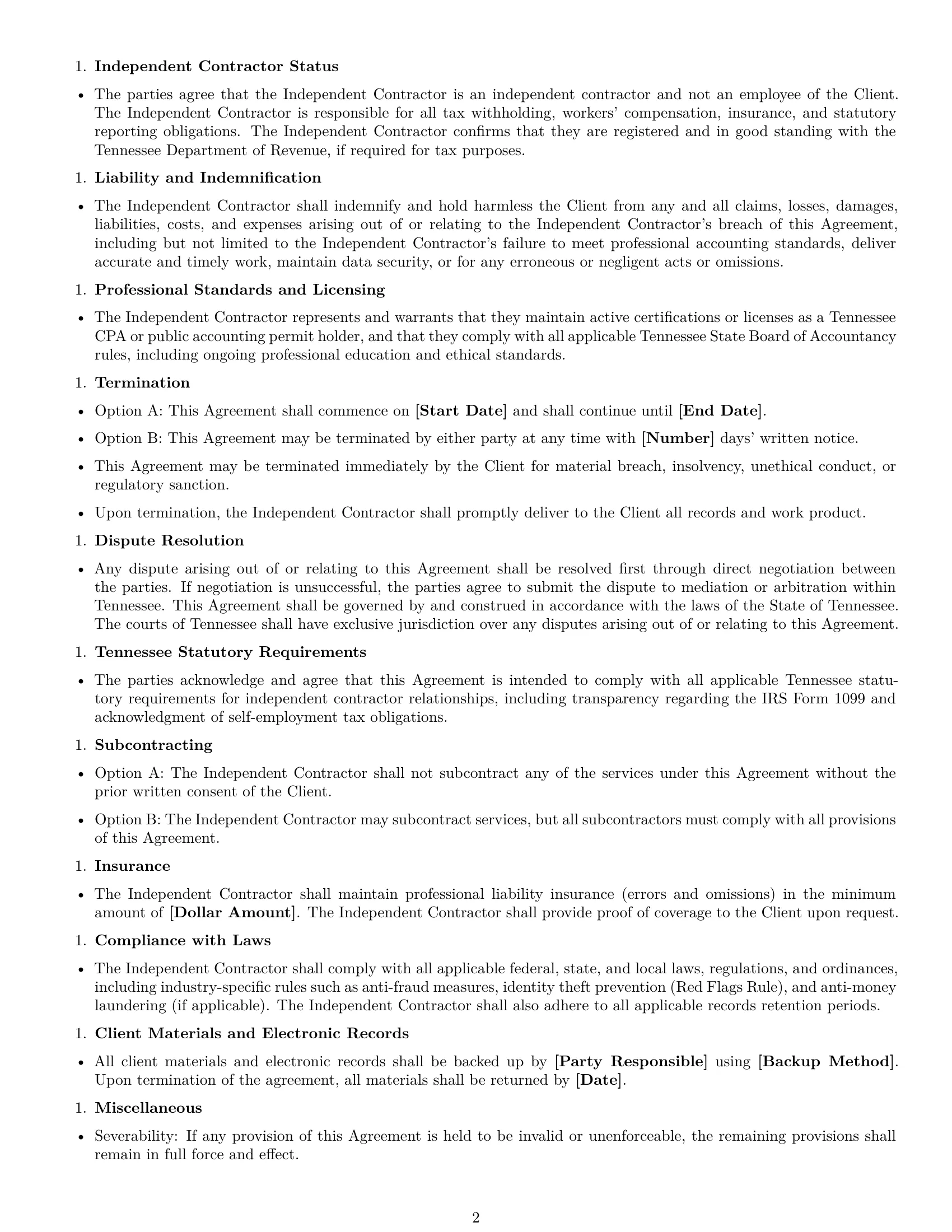 Preview page 2 of Free Tennessee accounting independent contractor agreement template