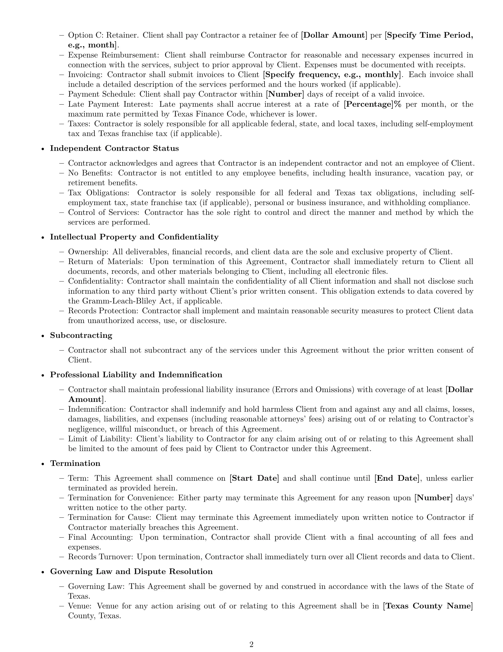 Preview page 2 of Free Texas accounting independent contractor agreement template