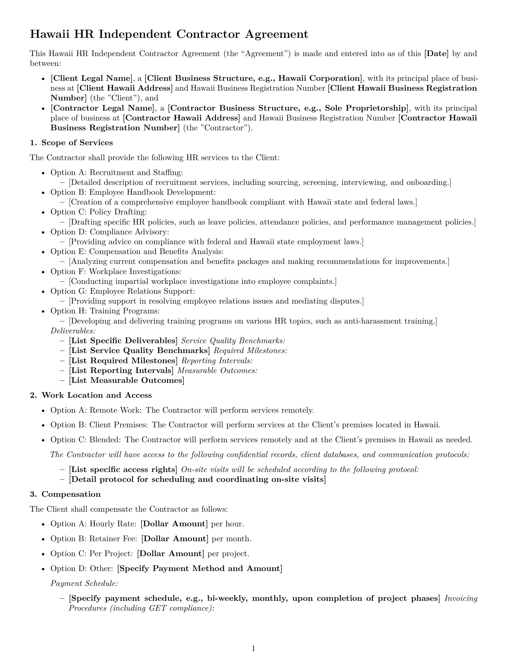 Preview page 1 of Free Hawaii hr independent contractor agreement template